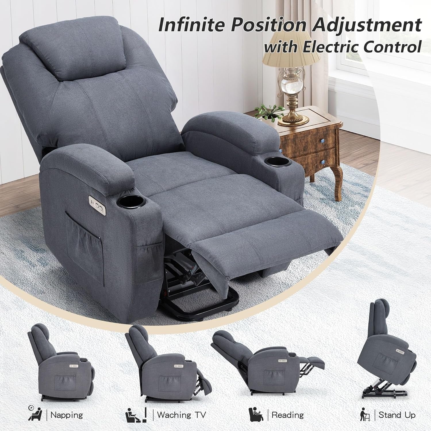 YODOLLA Power Lift Recliner Chair for Elderly with Side Pockets, Fabric, Blue