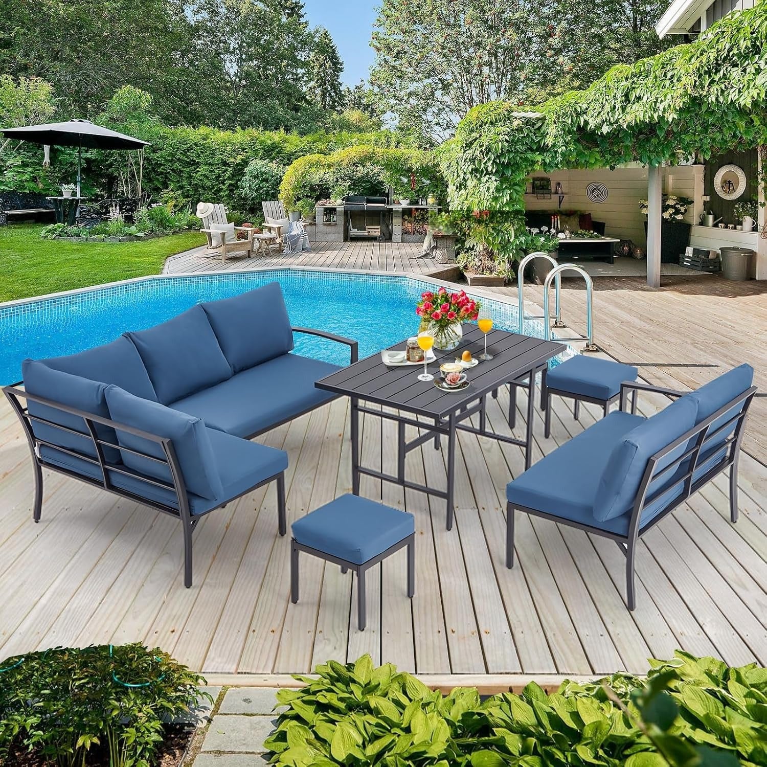 YODOLLA 7 Pieces Metal Patio Furniture Set, Dark Blue