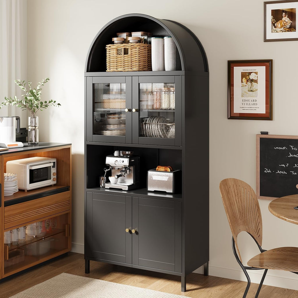 YODOLLA 73" Kitchen Pantry, Metal Arched Cabinet with Glass Door & Adjustable Shelvesbest