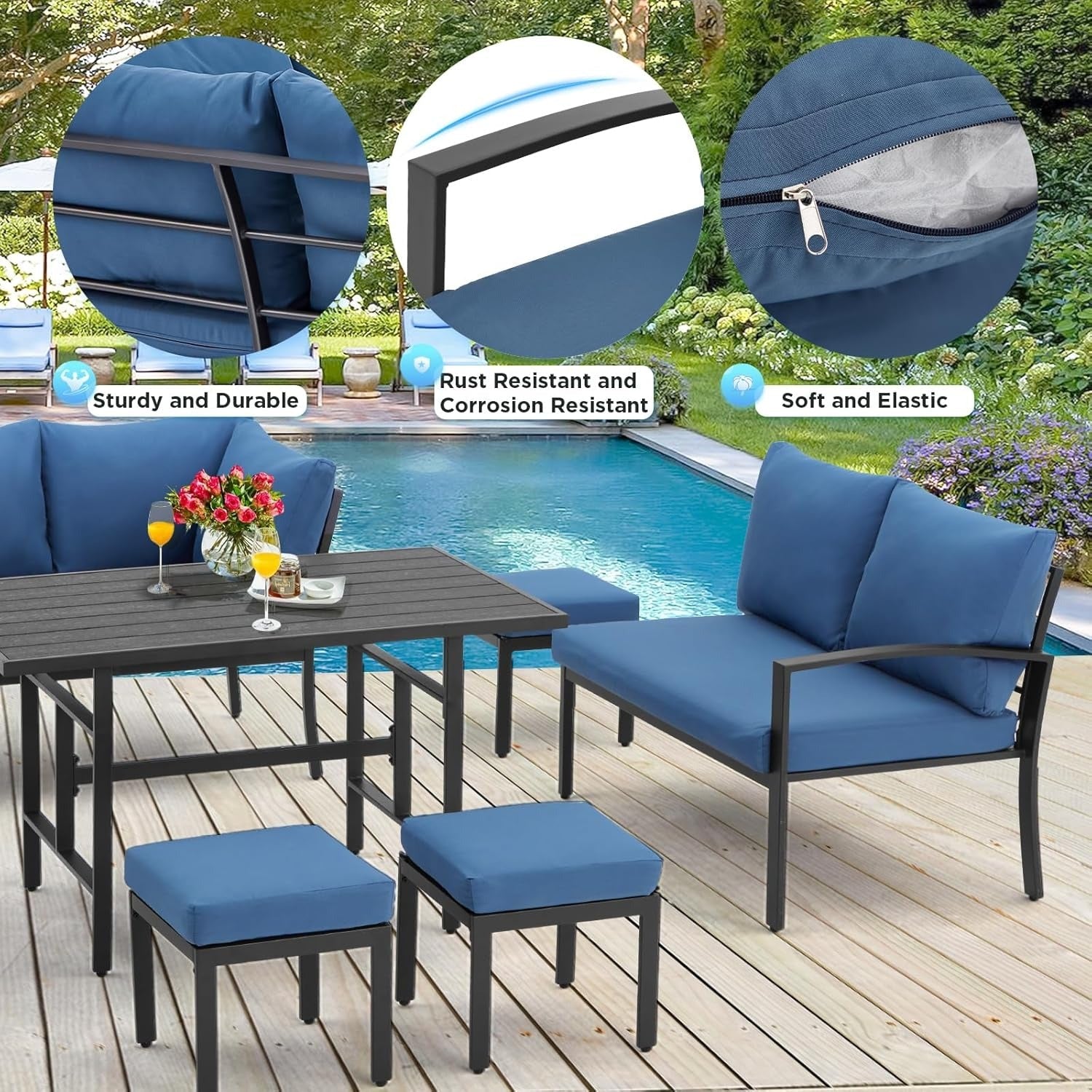 YODOLLA 7 Pieces Metal Patio Furniture Set, Dark Blue