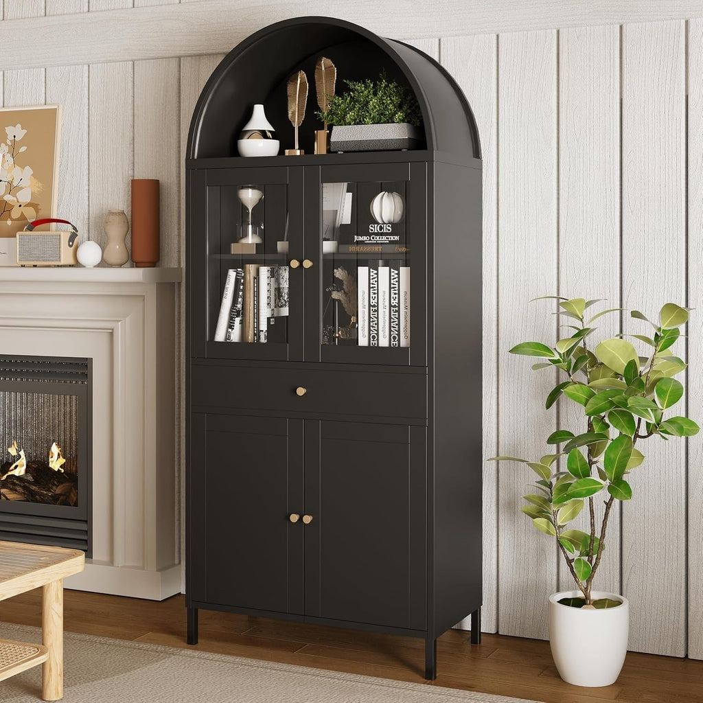 YODOLLA 73'' Kitchen Pantry, Metal Arched Storage Cabinet with Glass Doors/Adjustable Shelfs/Drawerbest