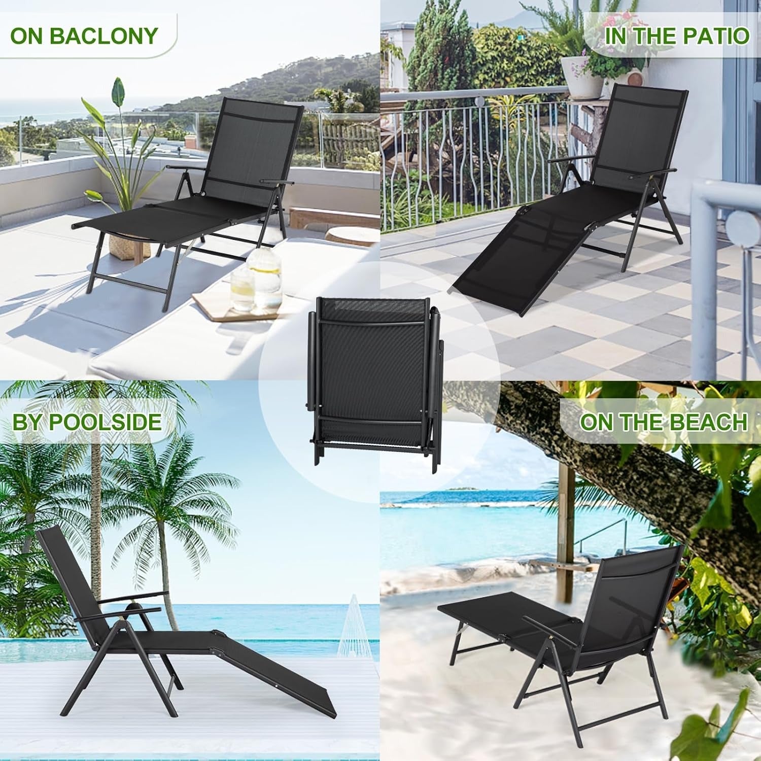 YODOLLA 7 Back & 2 Leg Adjustable Outdoor Chaise Lounge Chair, Black