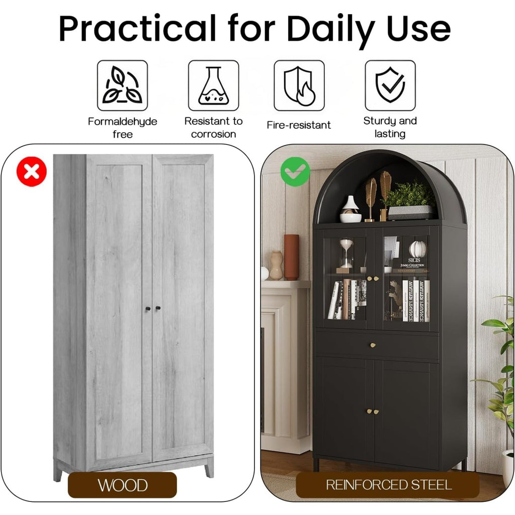 YODOLLA 73'' Kitchen Pantry, Metal Arched Storage Cabinet with Glass Doors/Adjustable Shelfs/Drawerbest