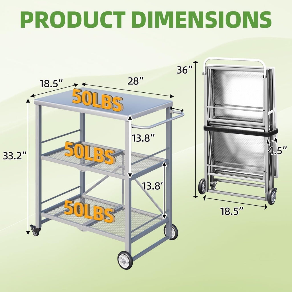 YODOLLA Foldable Stainless Steel Grill Cart Table with Wheels, Gray