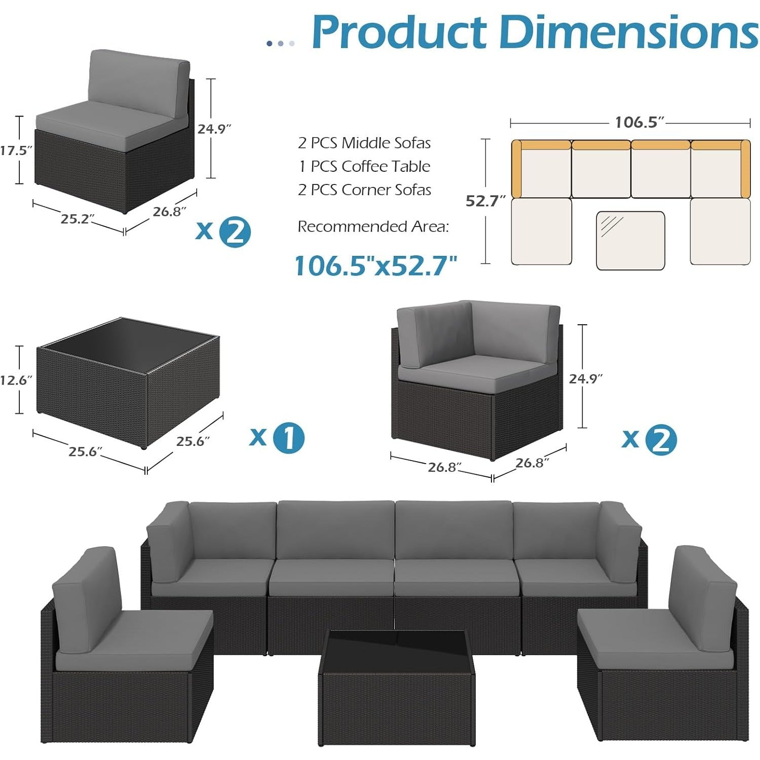 YODOLLA 7 Piece Outdoor Patio Furniture Set, Black & Gray