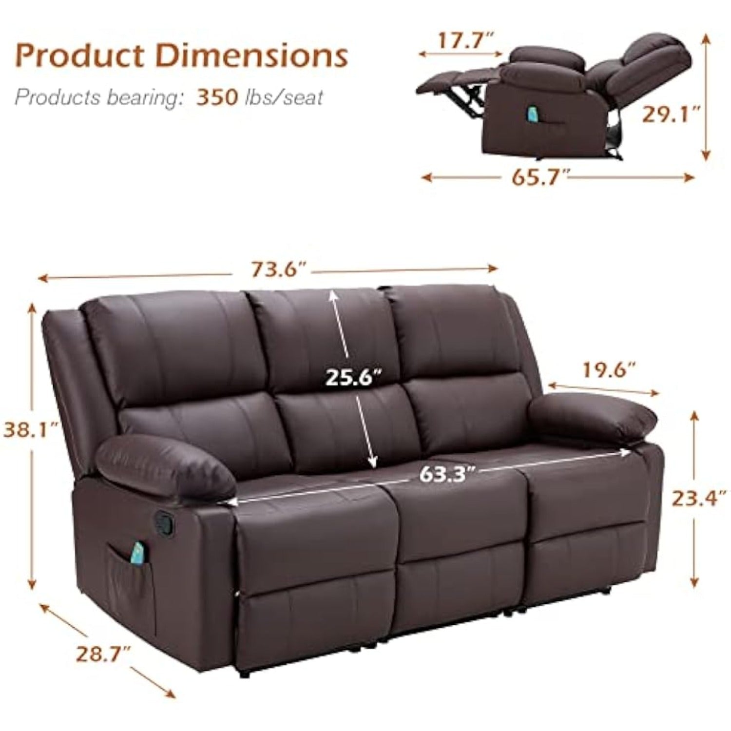 YODOLLA Reclining Sofa 3-Seater Couch, Brownbest