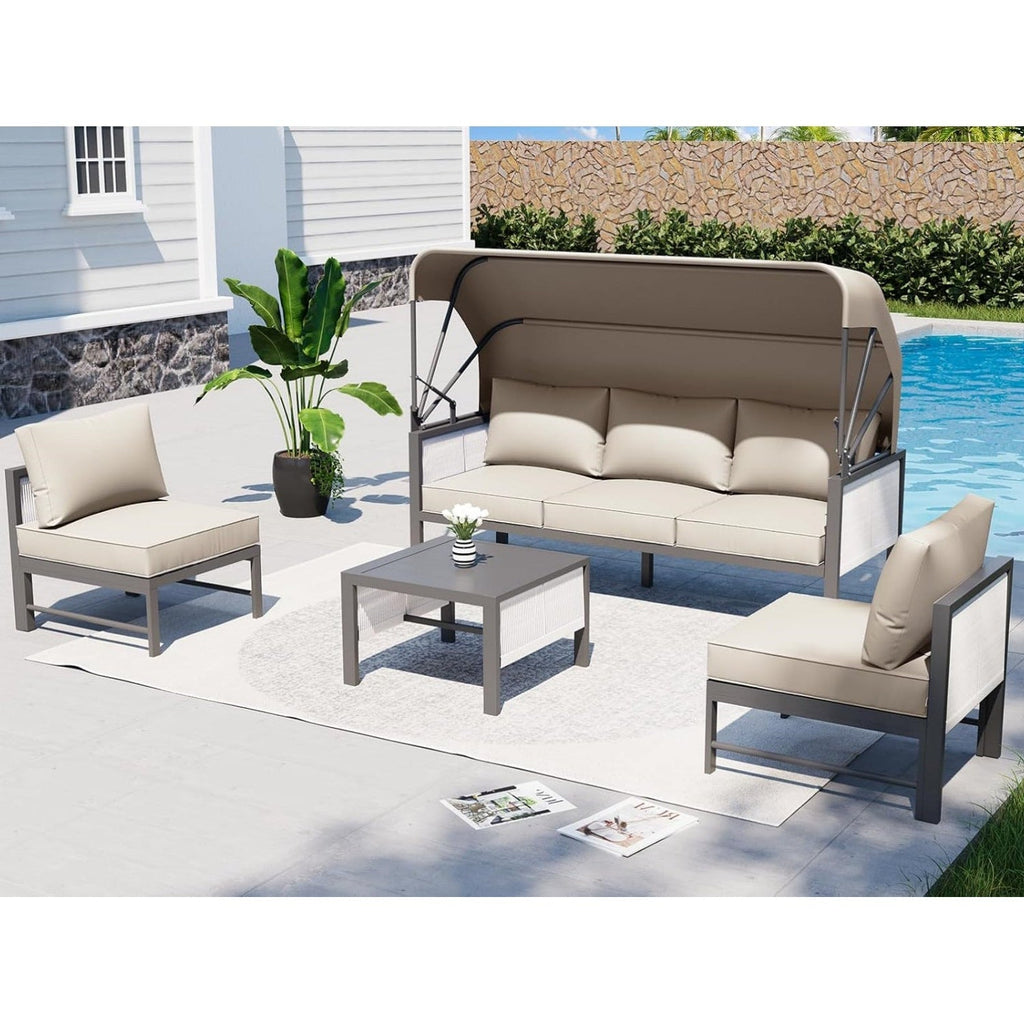 YODOLLA 4 Pieces Aluminum Patio Furniture Set, Retractable Canopy, Beige