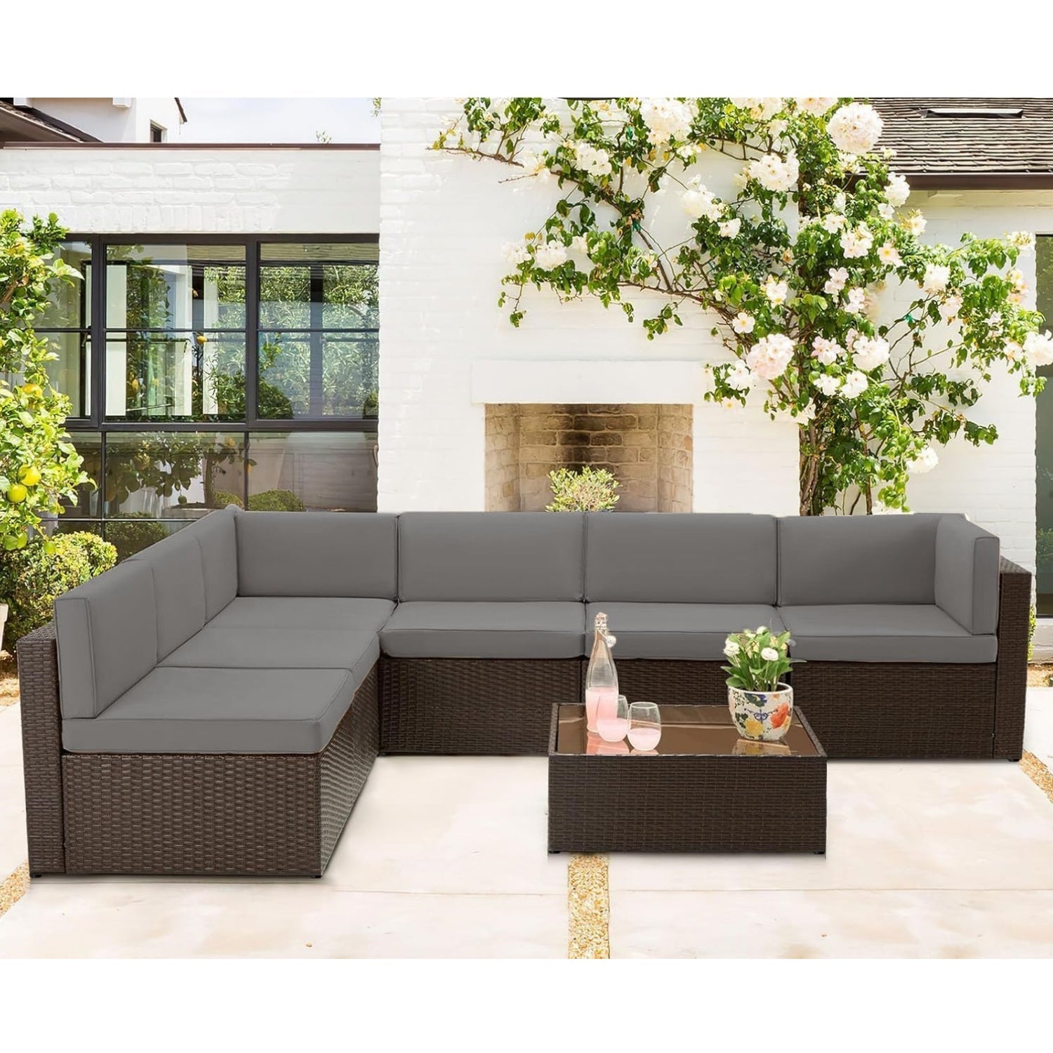 YODOLLA 7 Piece Outdoor Patio Furniture Set, Gray & Brown