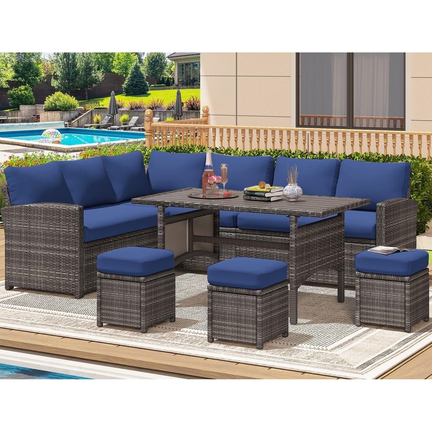 YODOLLA 7-Pc Patio Set, Grey Rattan & Blue Cushion