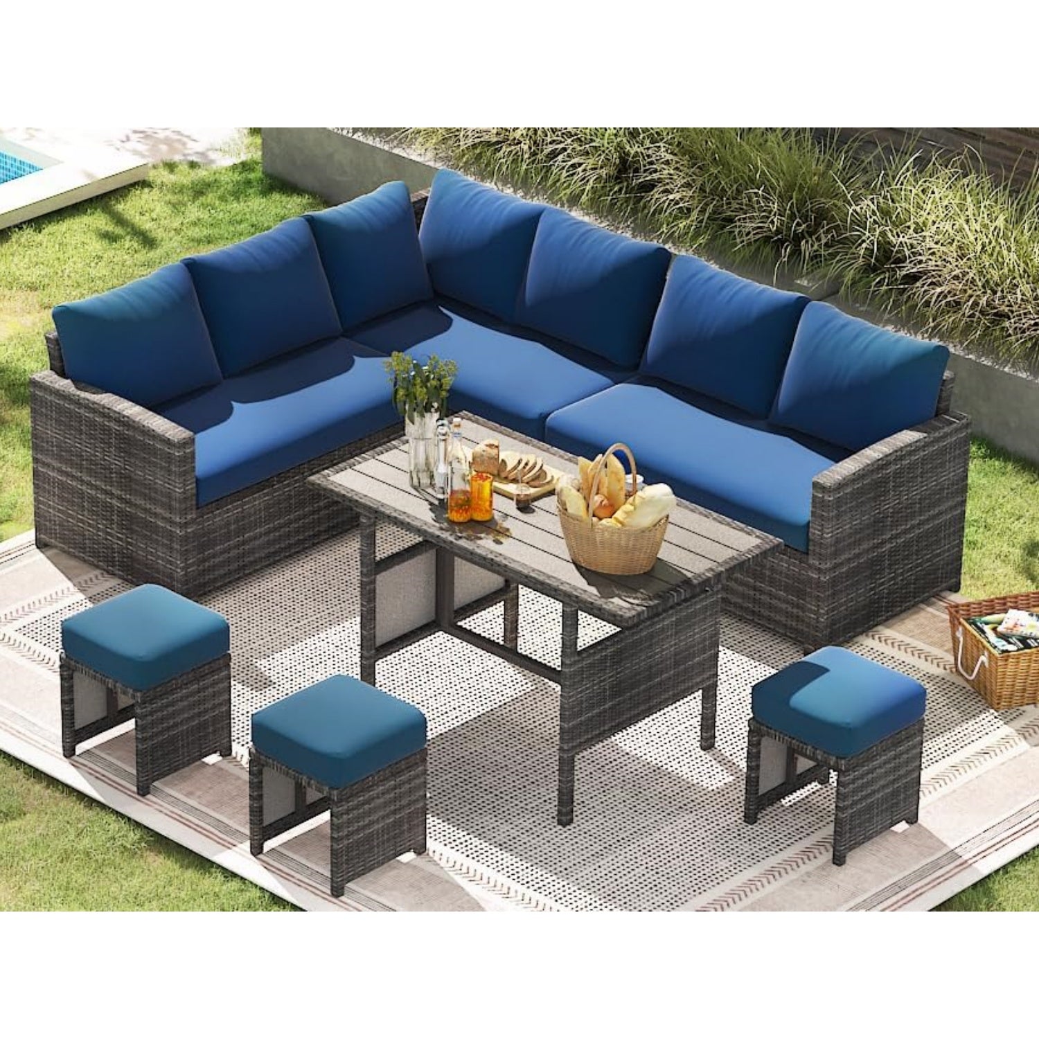 YODOLLA 7-Pc Patio Set, Grey Rattan & Blue Cushion