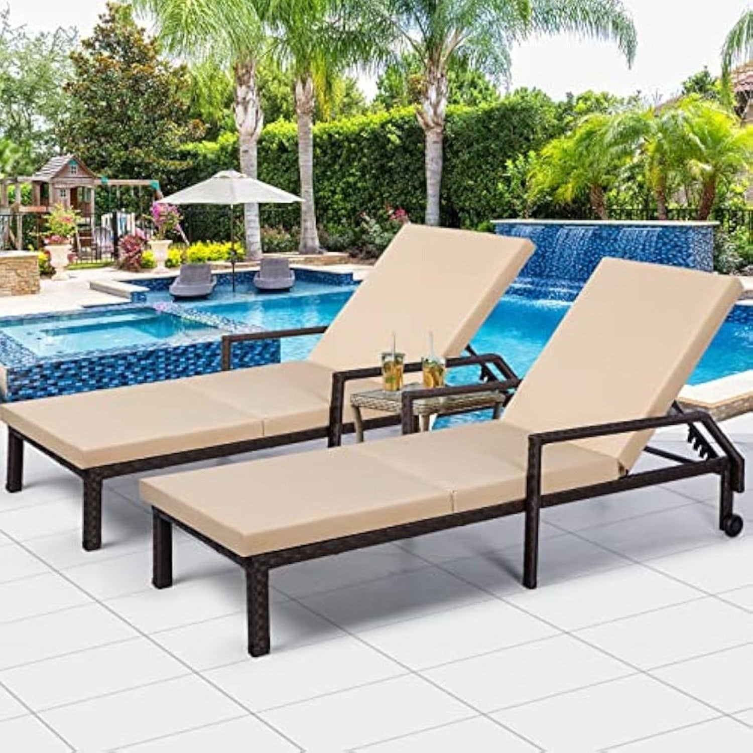 YODOLLA 2 PCS Outdoor Lounge Chairs, Brown Rattan with Beige Cushion