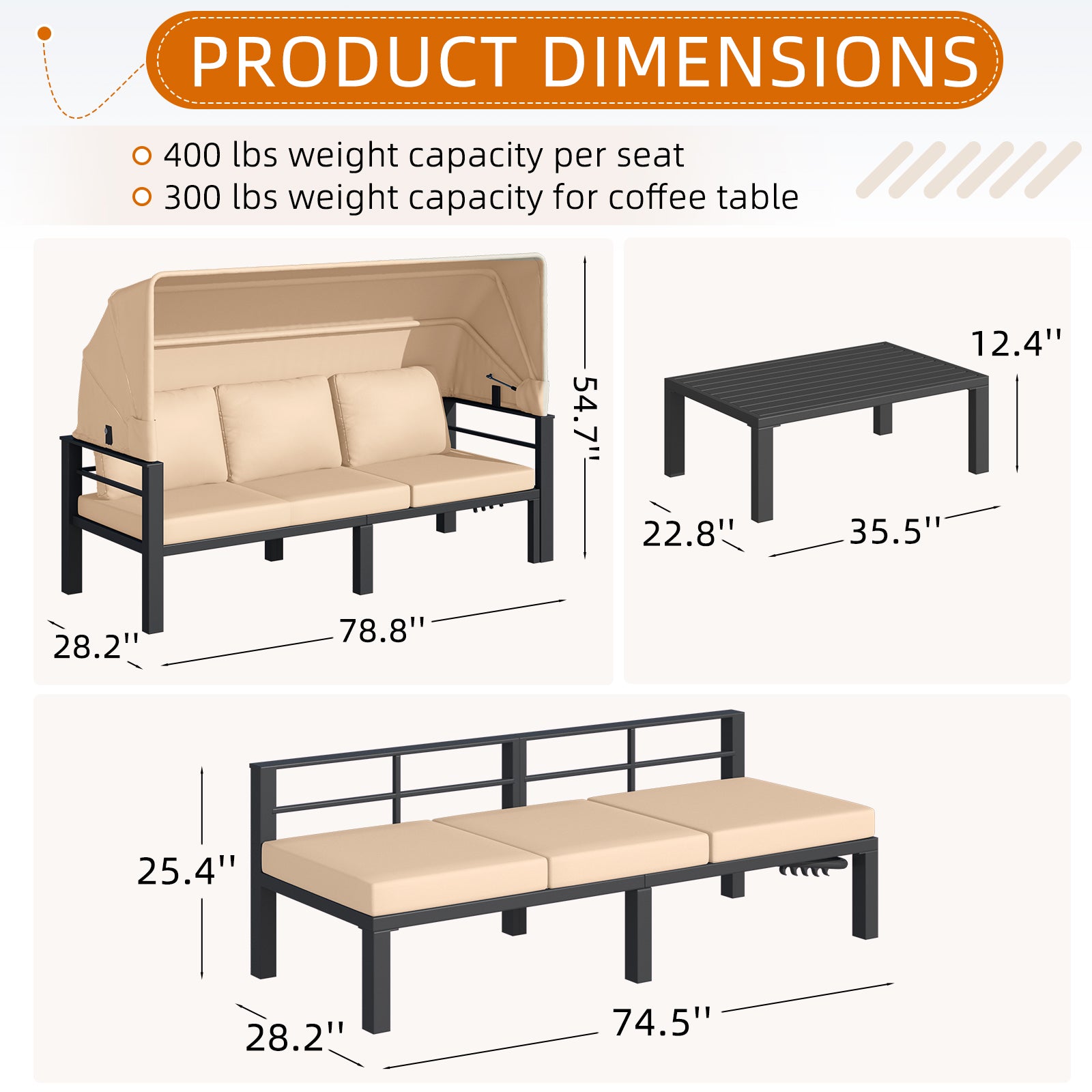 YODOLLA Patio Furniture Set with Retractable Canopy, Beigebest