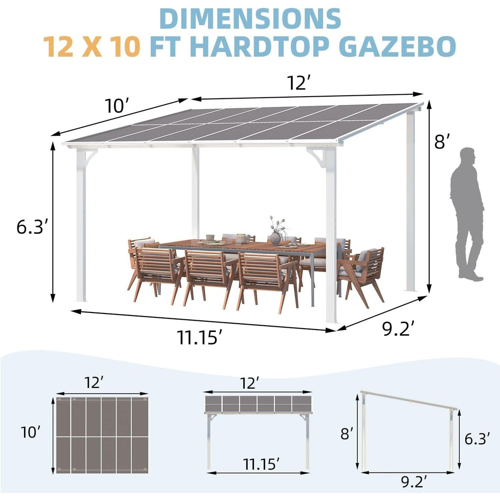 YODOLLA 12’ x 10’ Hard Top Lean to Gazebos Pergola, White