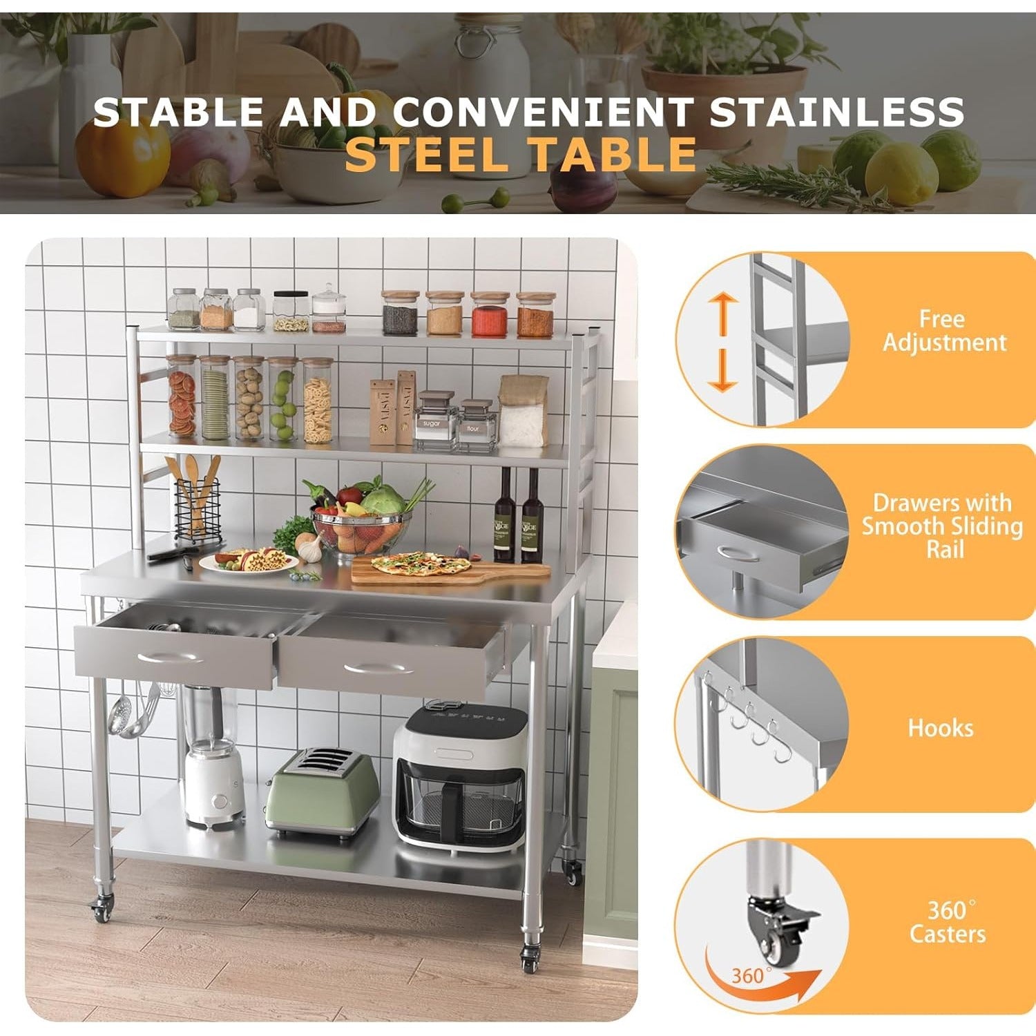 YODOLLA Stainless Steel Table with Shelves and Drawer 48"x24" Prep Table for Commercial Kitchenbest