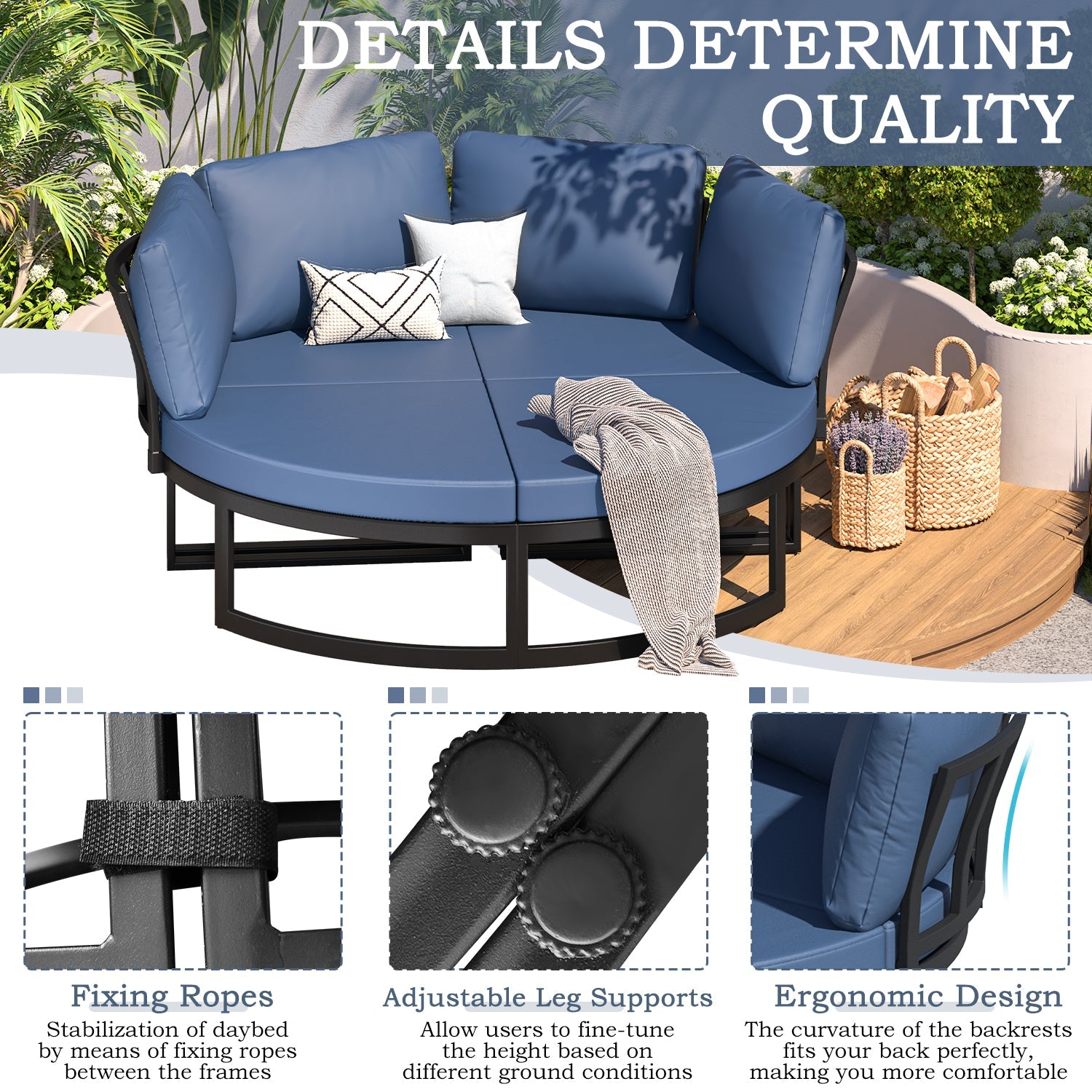 YODOLLA Patio Furniture Outdoor Daybed with Removable Cushions, Dark Blue