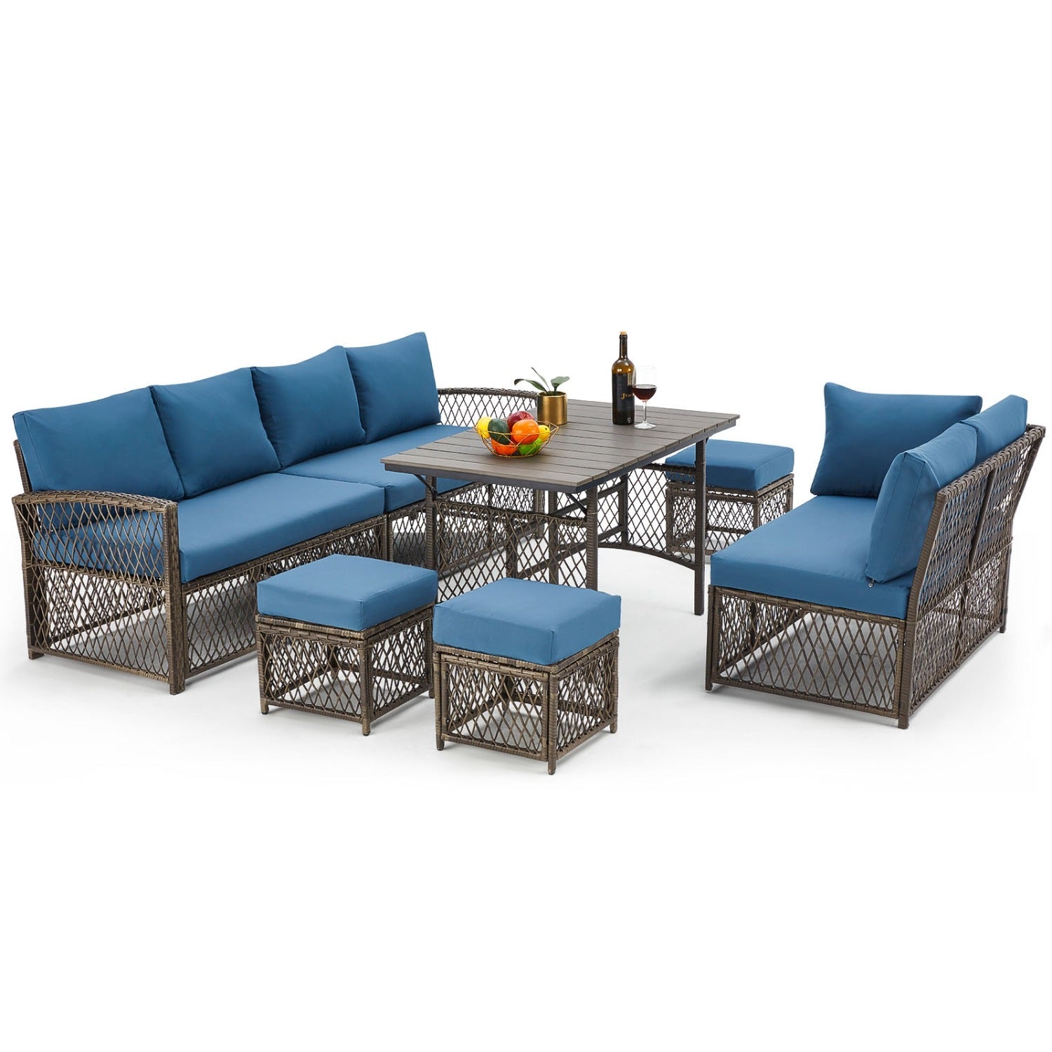 YODOLLA 7 Pieces Wicker Conversation Set with Ottoman Patio Furniture Set, Blue