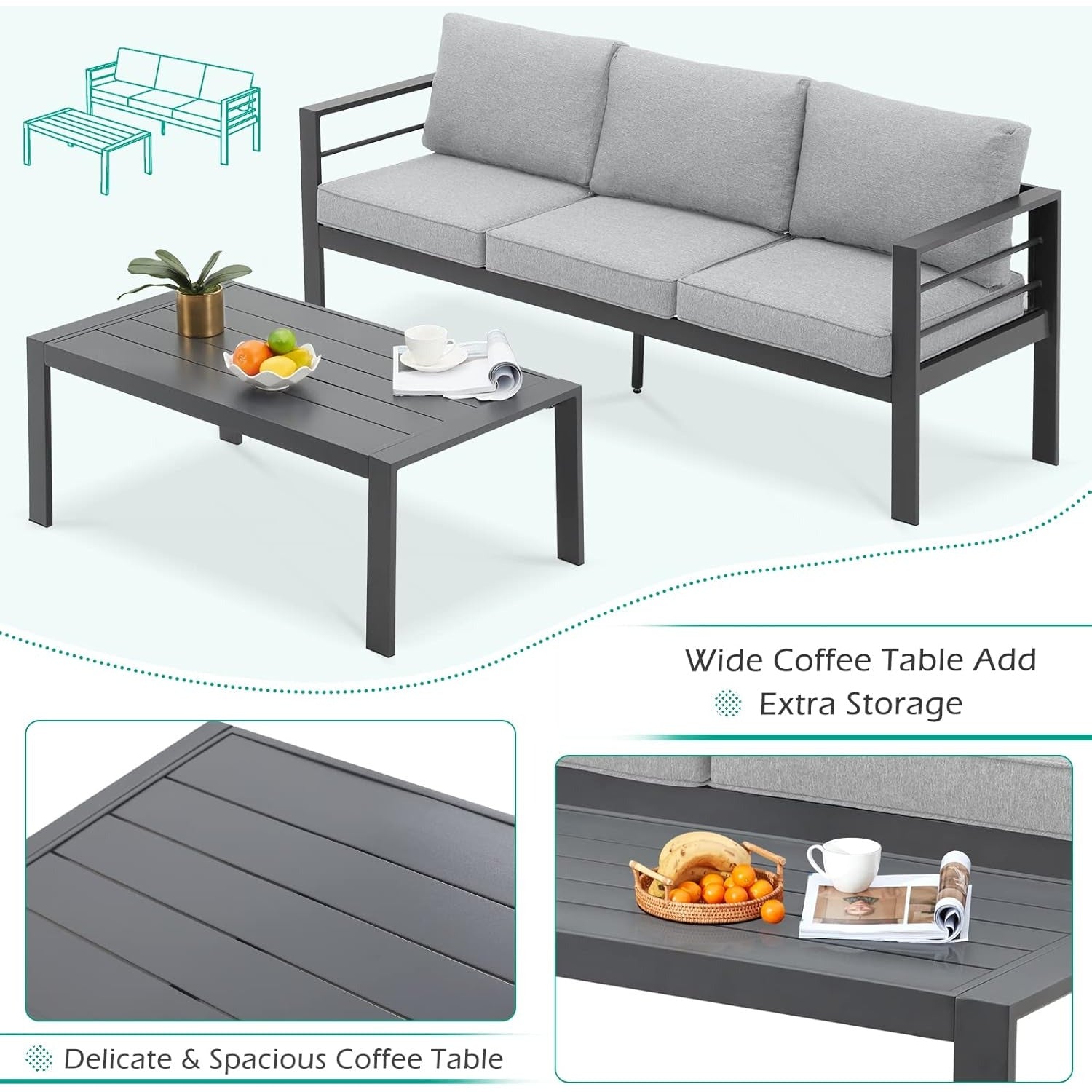 YODOLLA 7 Pieces Aluminum Patio Furniture Set, Gray
