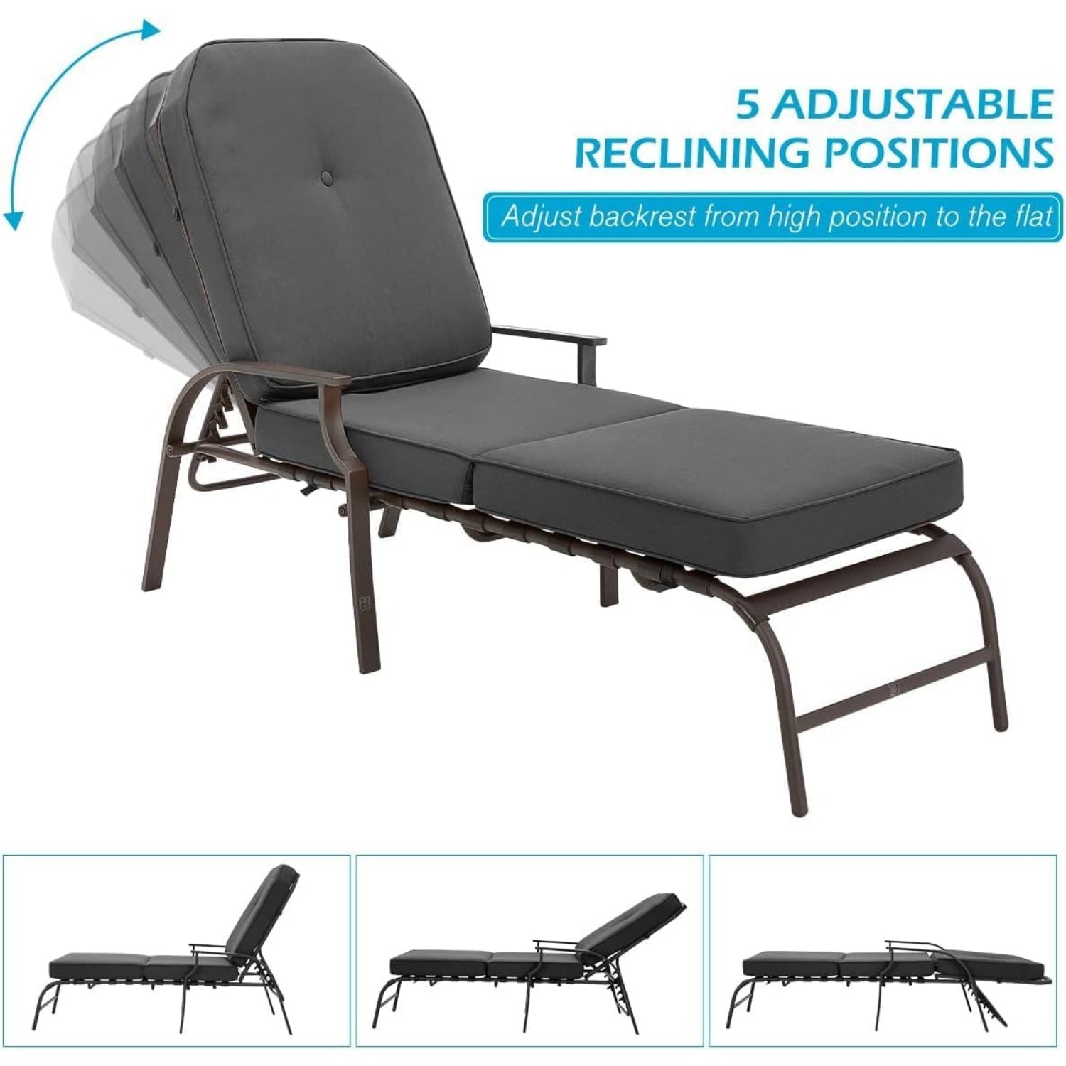 YODOLLA Adjustable Outdoor Chaise Lounge, Grey