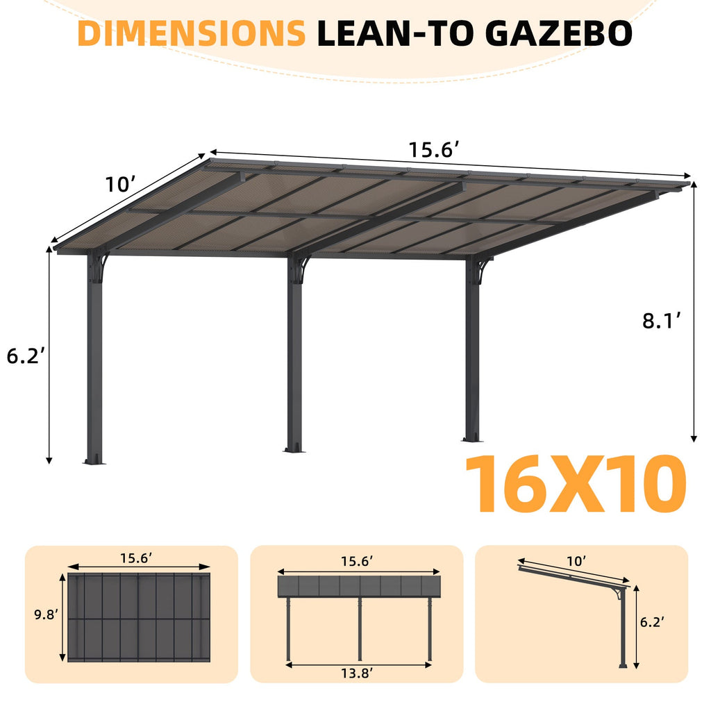 YODOLLA 16' x 10' Gazebo Outdoor Pergola for Patio,10x16 Pergola Carport, Freestanding Lean to Hardtop Gazebo, Pergolas and Gazebos Clearance with Roof