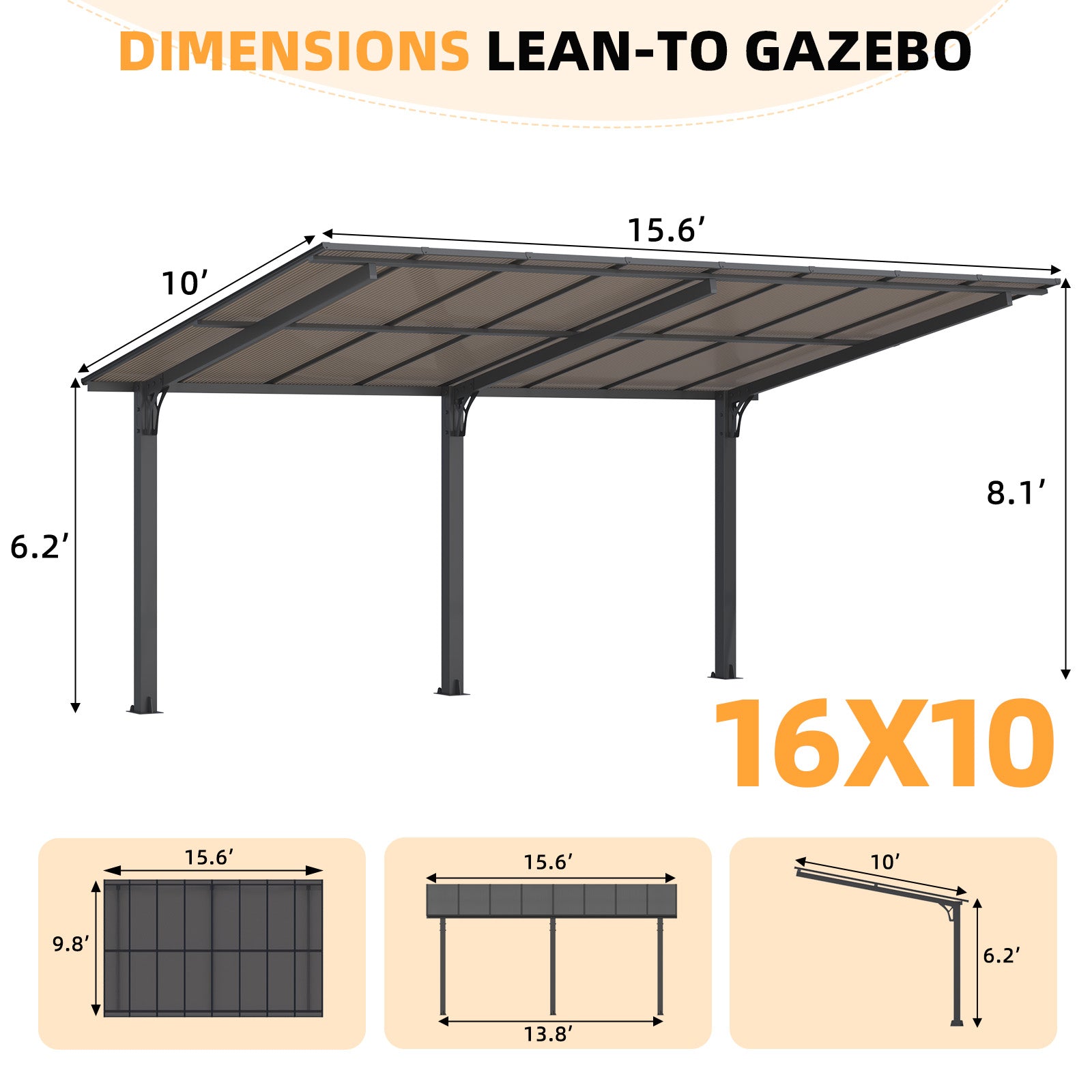 YODOLLA 16' x 10' Gazebo Outdoor Pergola for Patio,10x16 Pergola Carport, Freestanding Lean to Hardtop Gazebo, Pergolas and Gazebos Clearance with Roof