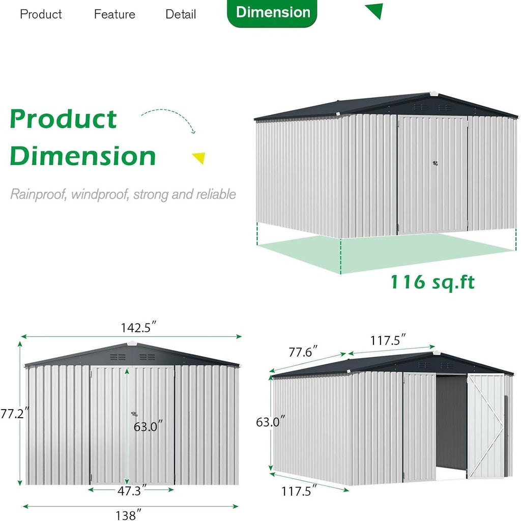 YODOLLA Shed 12' x 10' Storage Shed, White