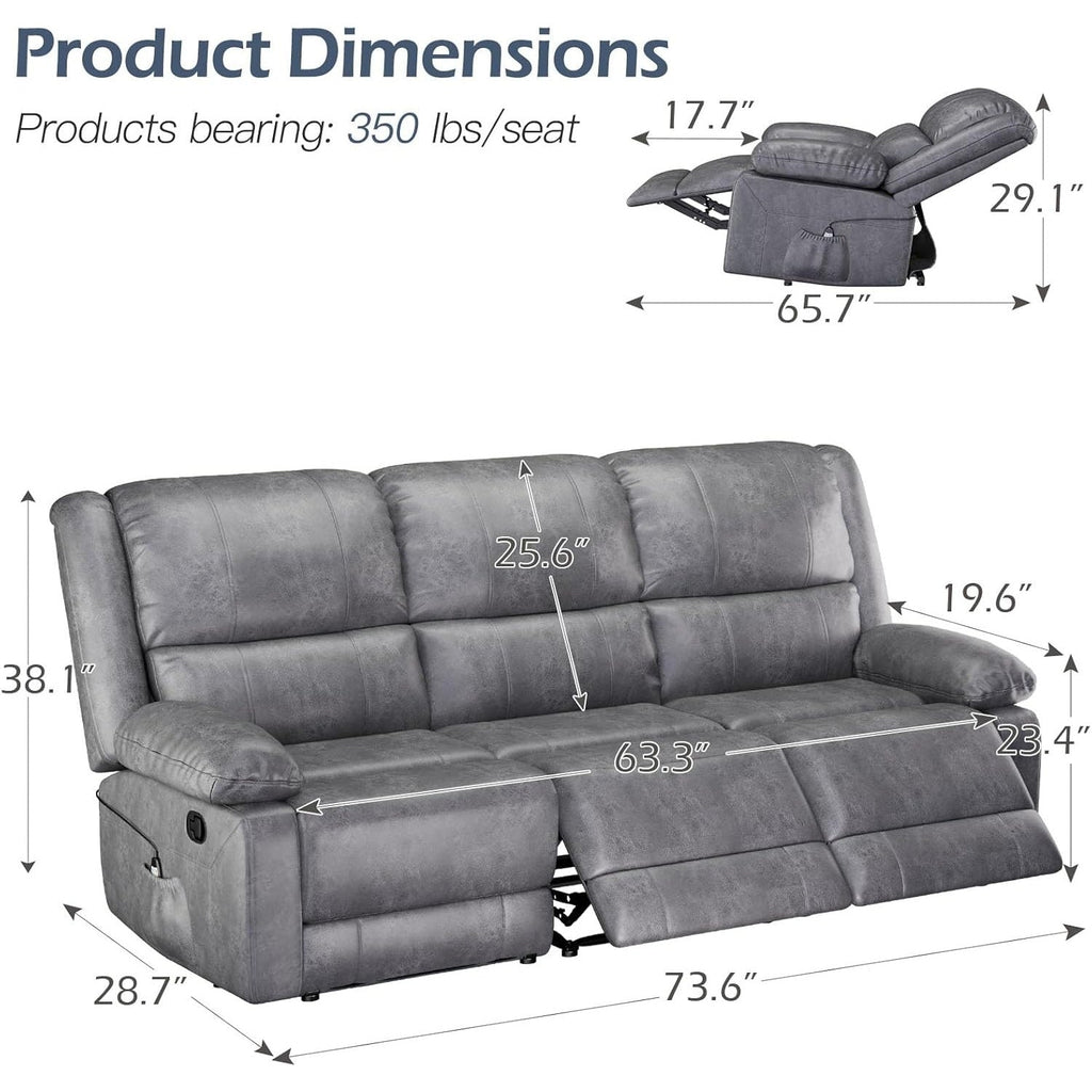 YODOLLA Reclining Sofa 3-Seater Couch, Graybest
