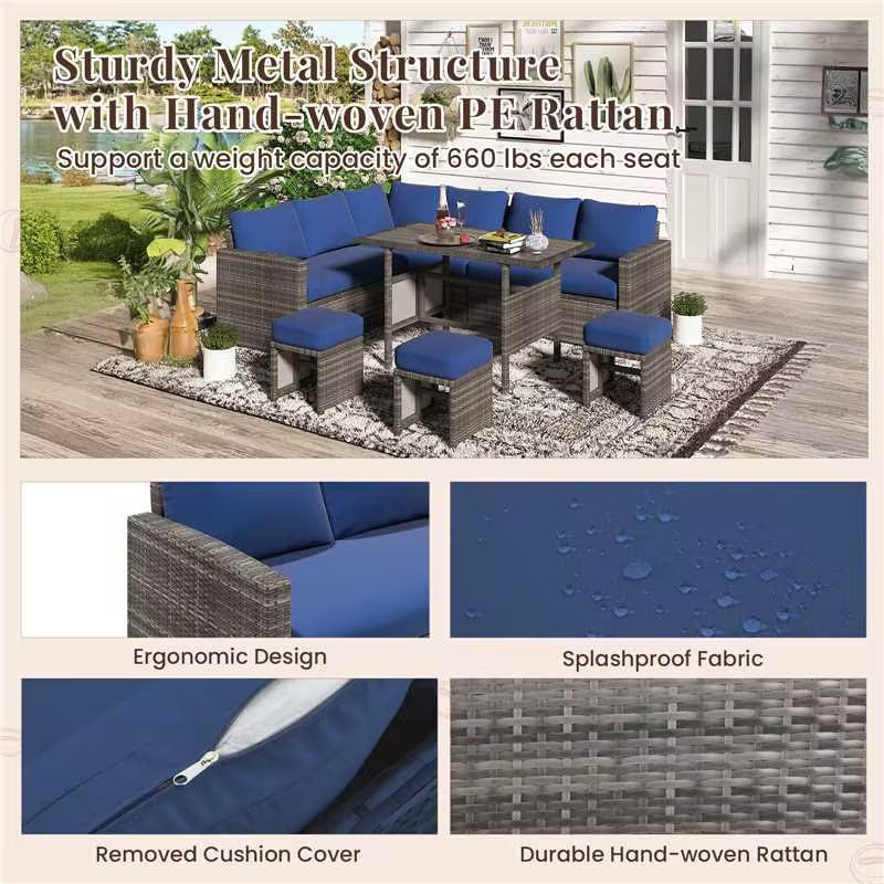 YODOLLA 7-Pc Patio Set, Grey Rattan & Blue Cushion