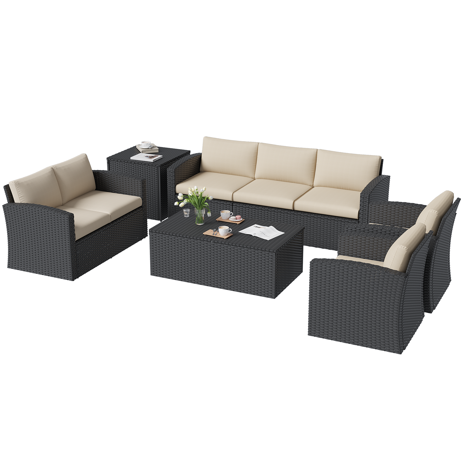 YODOLLA 7 PCS Outdoor Patio Furniture Sets with 2 Storage Boxes, Black & Beigebest