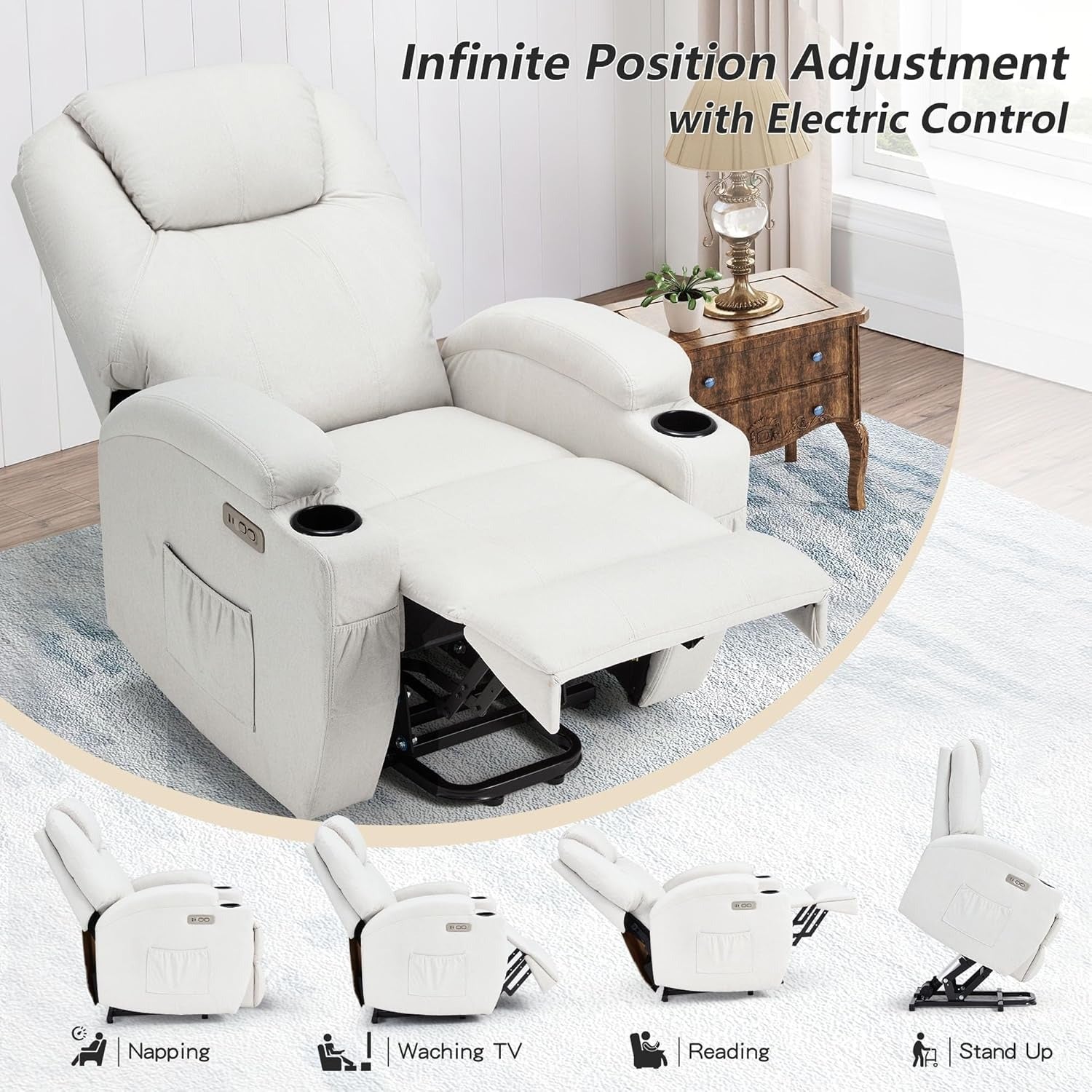 YODOLLA Power Lift Recliner Chair for Elderly with Side Pockets, Fabric, White