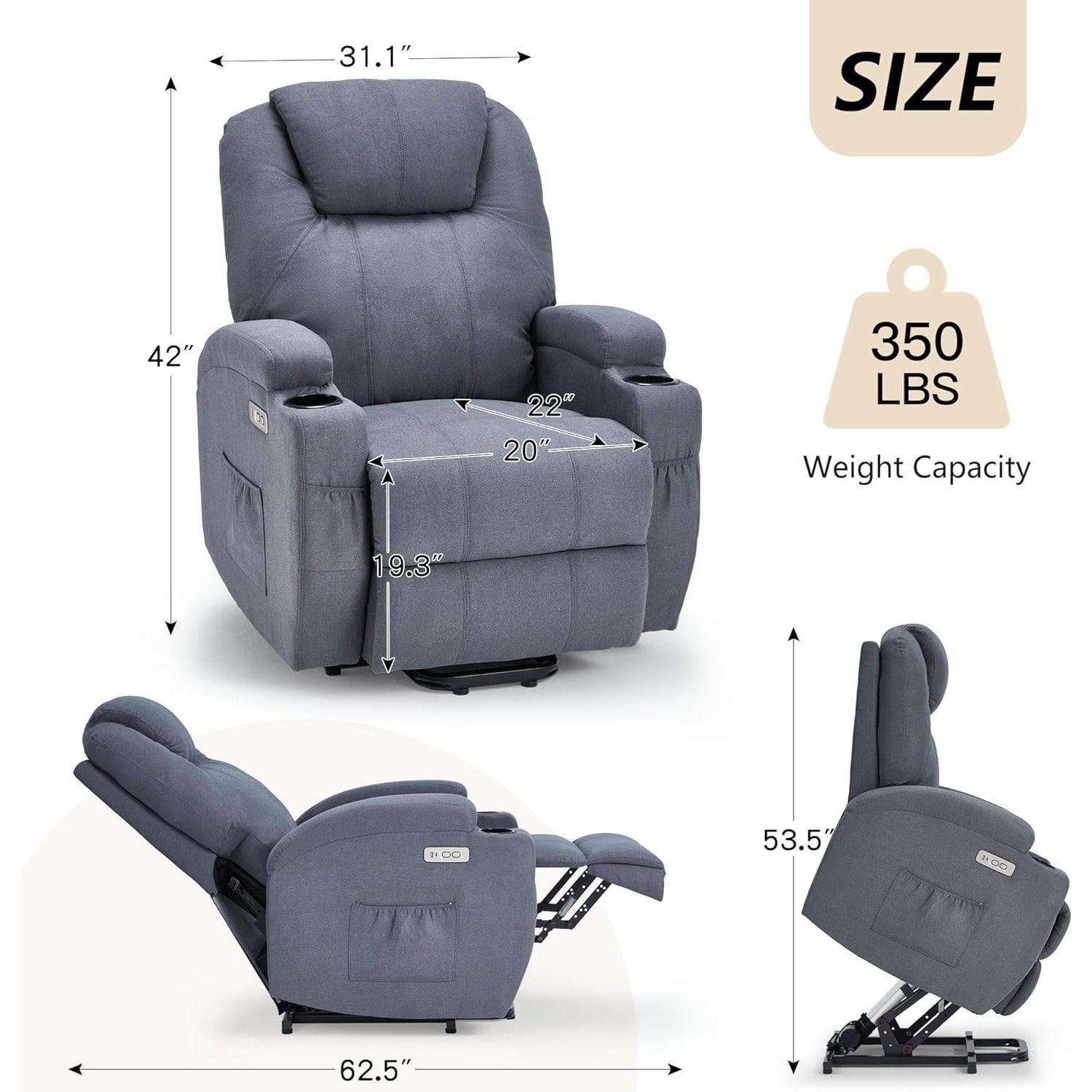 YODOLLA Power Lift Recliner Chair for Elderly with Side Pockets, Fabric, Blue