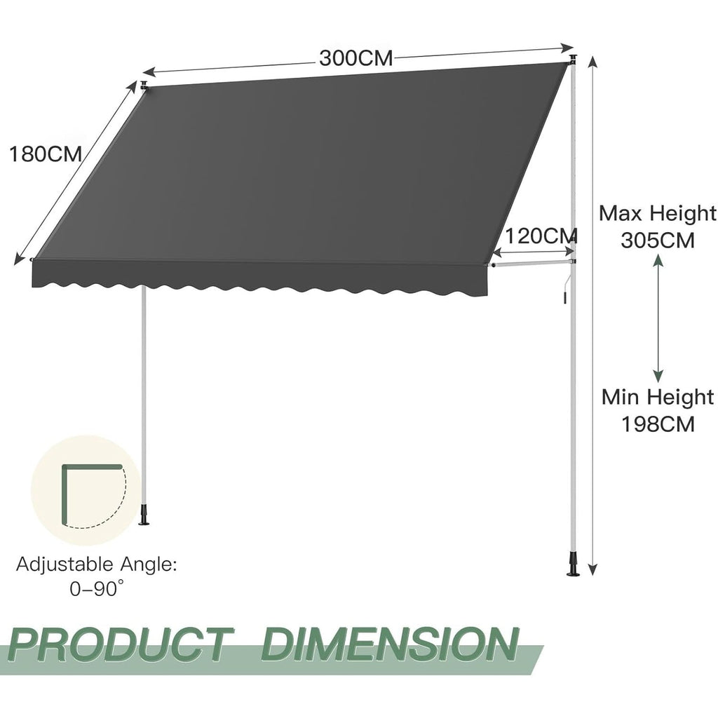 YODOLLA 3x1.8m DIY Free Standing Awning, Dark Grey