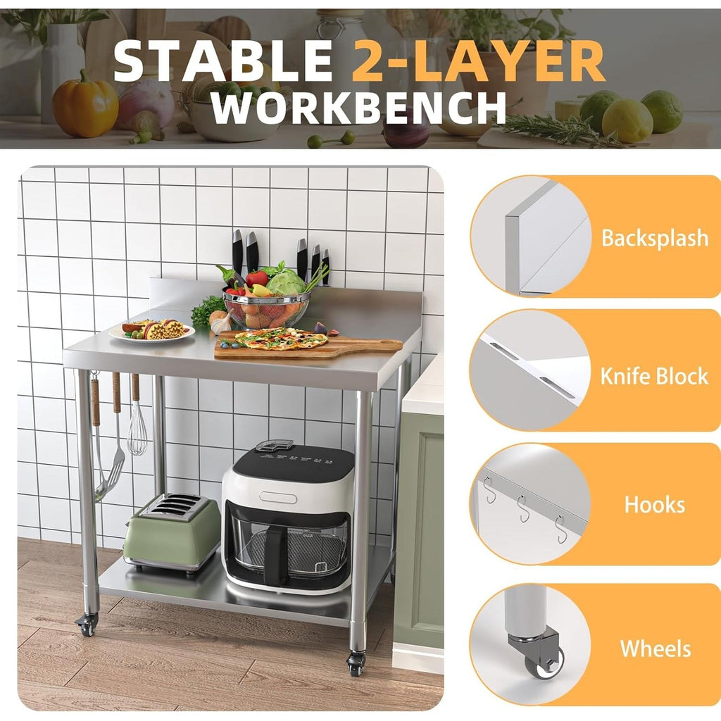 YODOLLA Stainless Steel Table 36"x30" with Backsplash and Knife Blocks Prep Tables for Commercial Kitchen