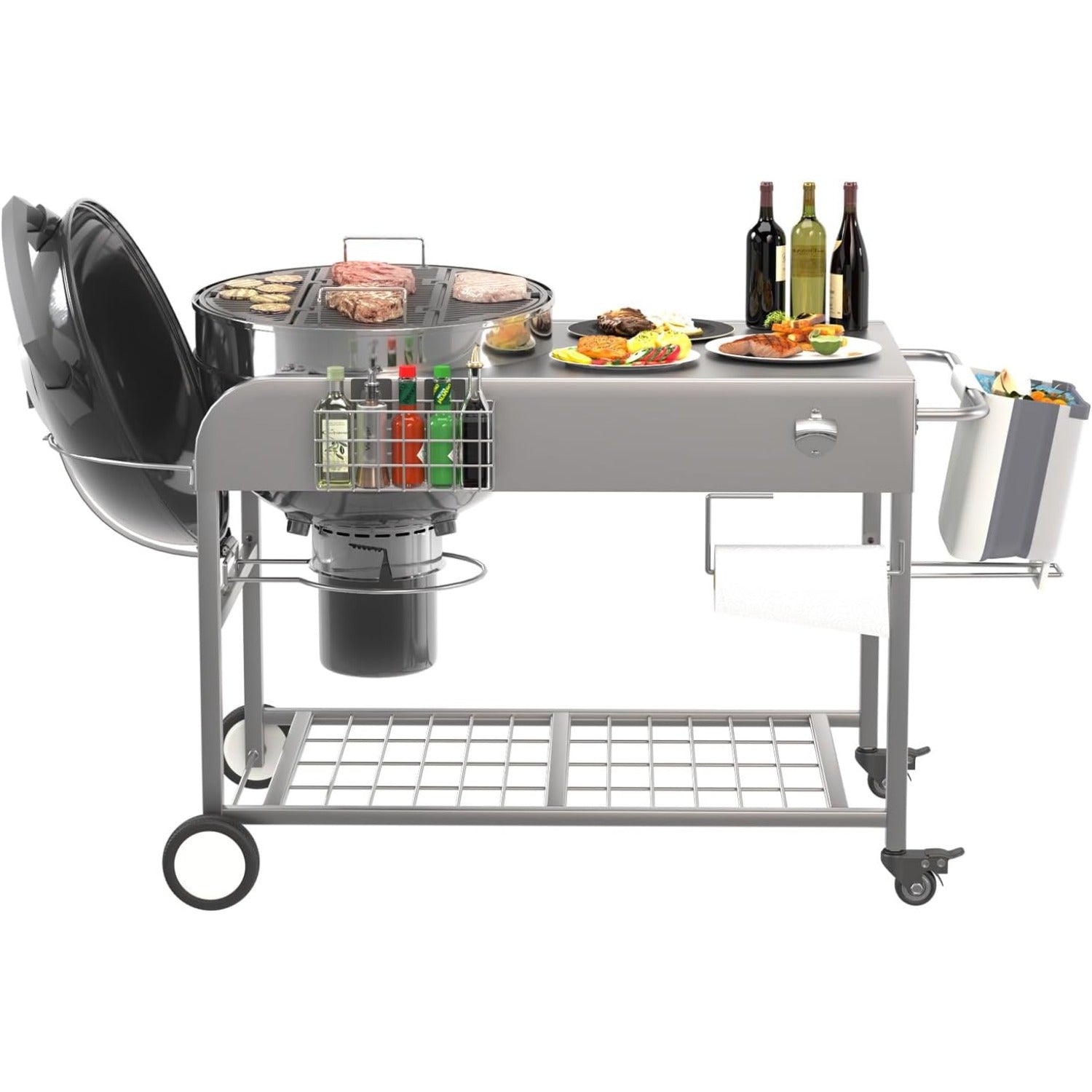 YODOLLA Outdoor Grill Cart with Wheels Kettle Grill Car, Silver