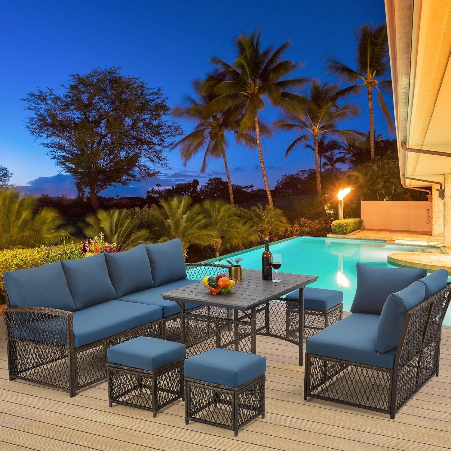 YODOLLA 7 Pieces Wicker Conversation Set with Ottoman Patio Furniture Set, Blue