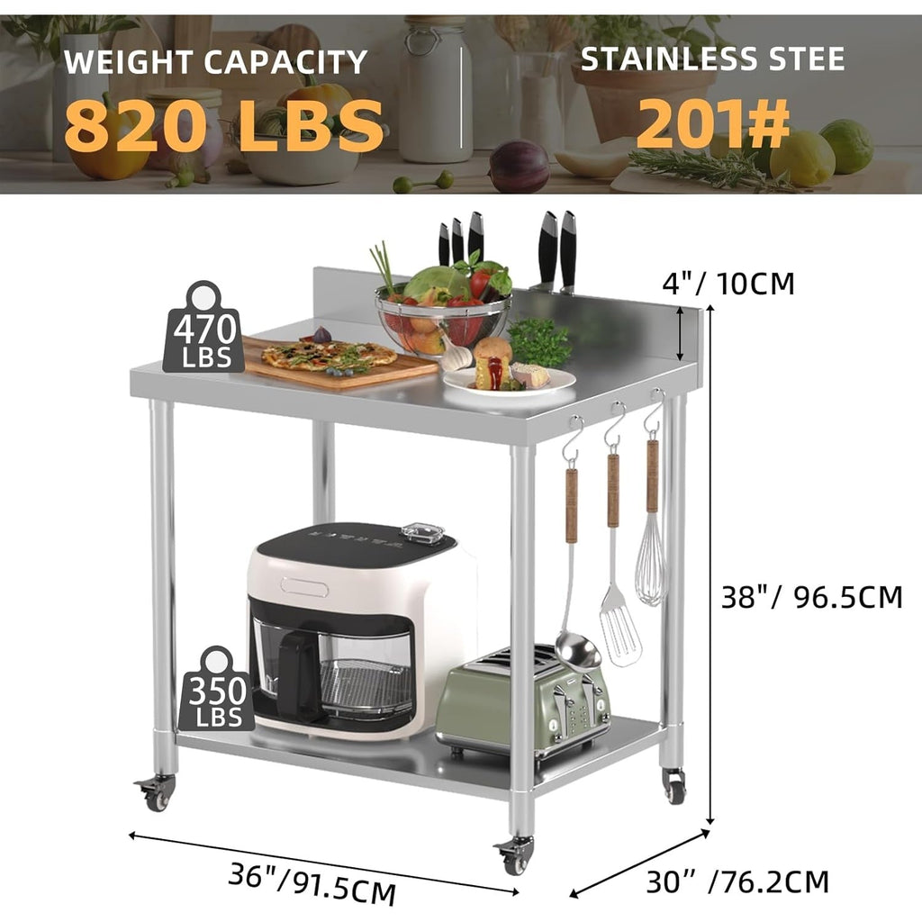 YODOLLA Stainless Steel Table 36"x30" with Backsplash and Knife Blocks Prep Tables for Commercial Kitchen