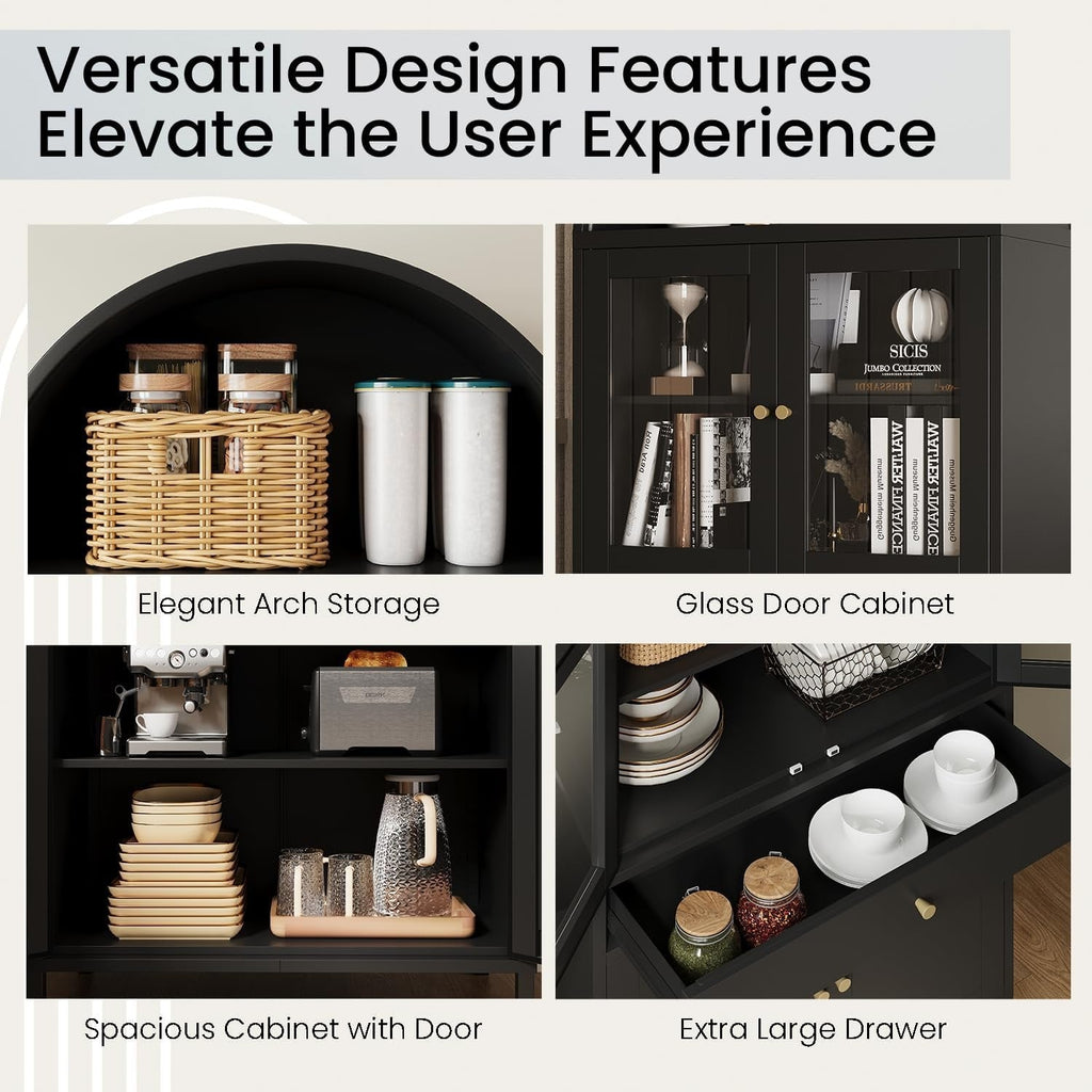 YODOLLA 73'' Kitchen Pantry, Metal Arched Storage Cabinet with Glass Doors/Adjustable Shelfs/Drawerbest