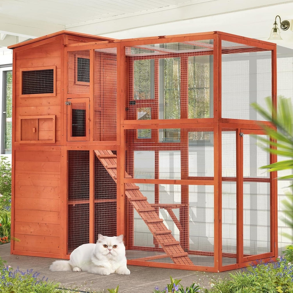 YODOLLA Large Spacious Cat Cage with Weatherproof Roof, Natural Wood
