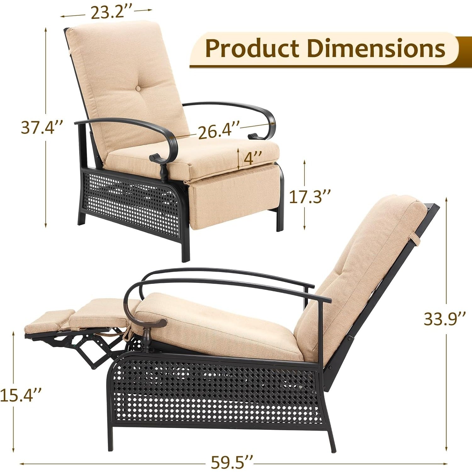 YODOLLA Outdoor Recliner Chair with Olefin Cushions
