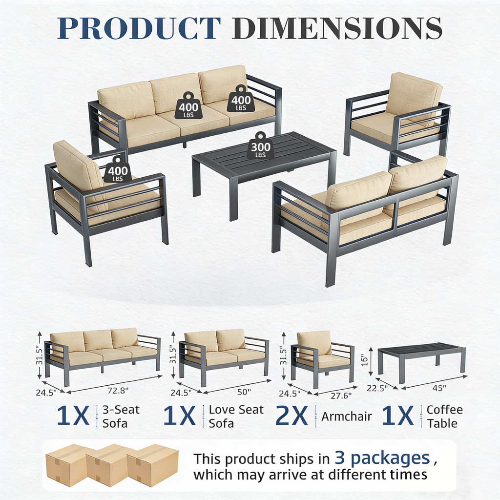 YODOLLA Aluminum Patio Furniture Set, 7 Seats with Coffee Table
