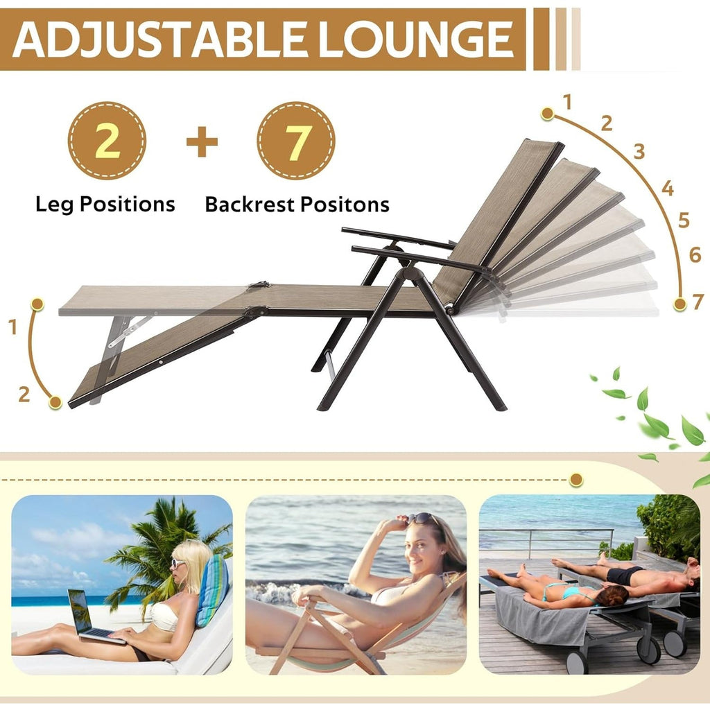 YODOLLA 7 Back & 2 Leg Adjustable Outdoor Chaise Lounge Chair Set of 2, Brown