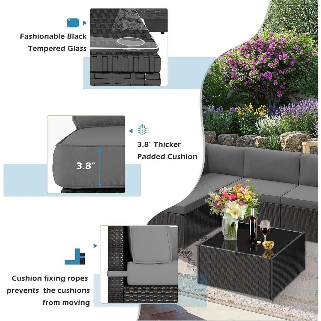 YODOLLA 7 Piece Outdoor Patio Furniture Set, Black & Gray