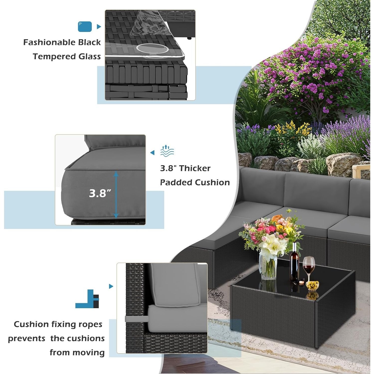 YODOLLA 7 Piece Outdoor Patio Furniture Set, Black & Gray