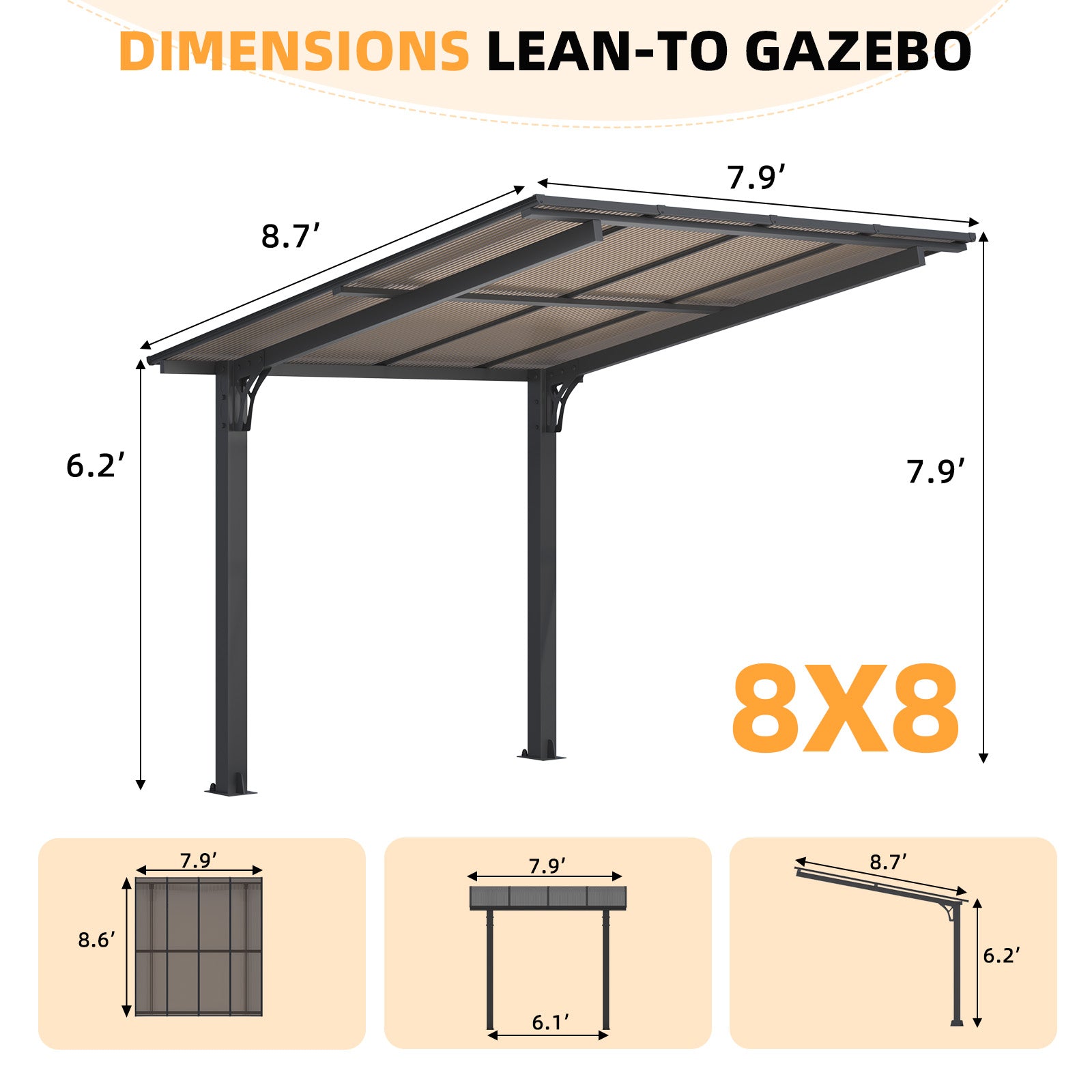YODOLLA 8' x 8' Gazebo for Patio, Freestanding Lean to Hard Top Gazebo Carport Shelter Pergolas and Gazebos Clearance with Roof