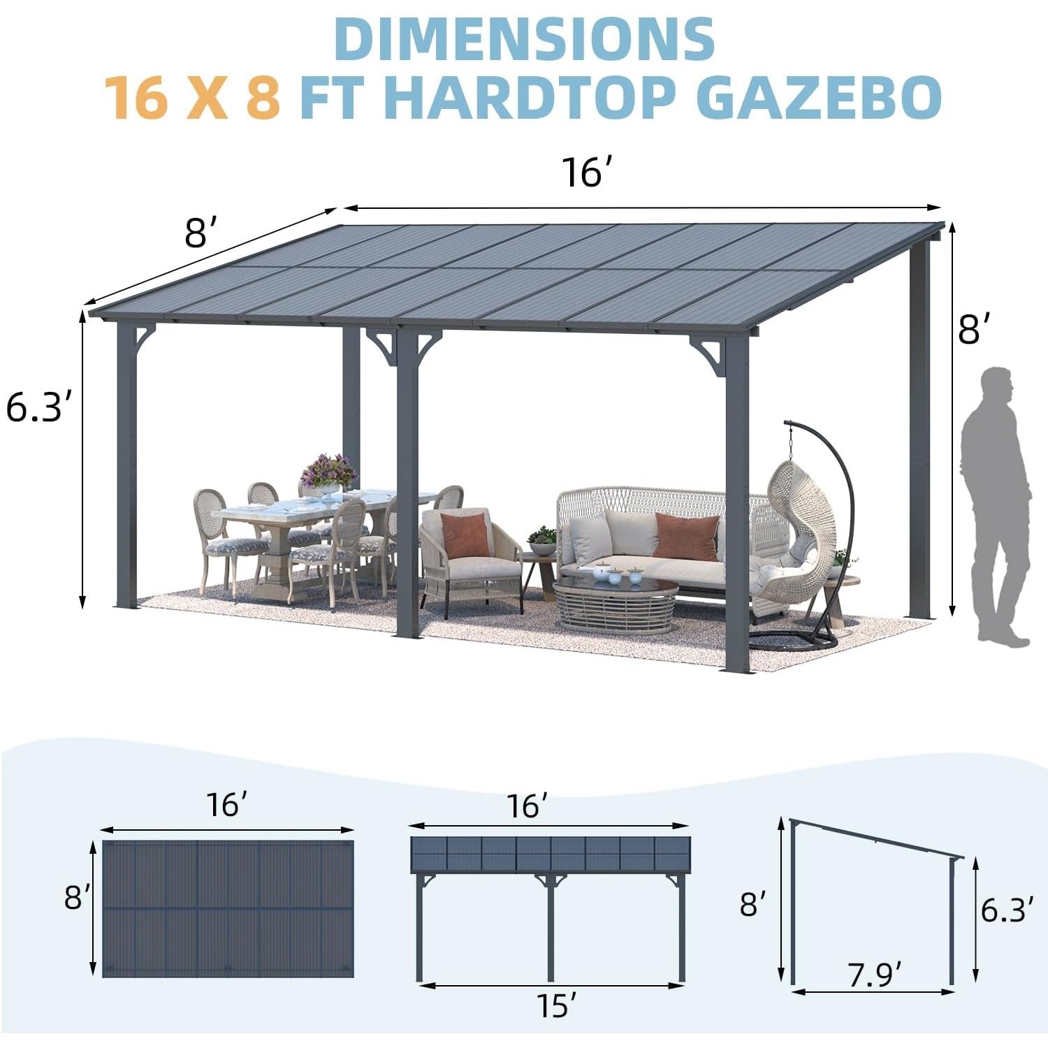 YODOLLA 16' x 8' Hard Top Lean to Gazebo Outdoor Pergola, Dark Graybest