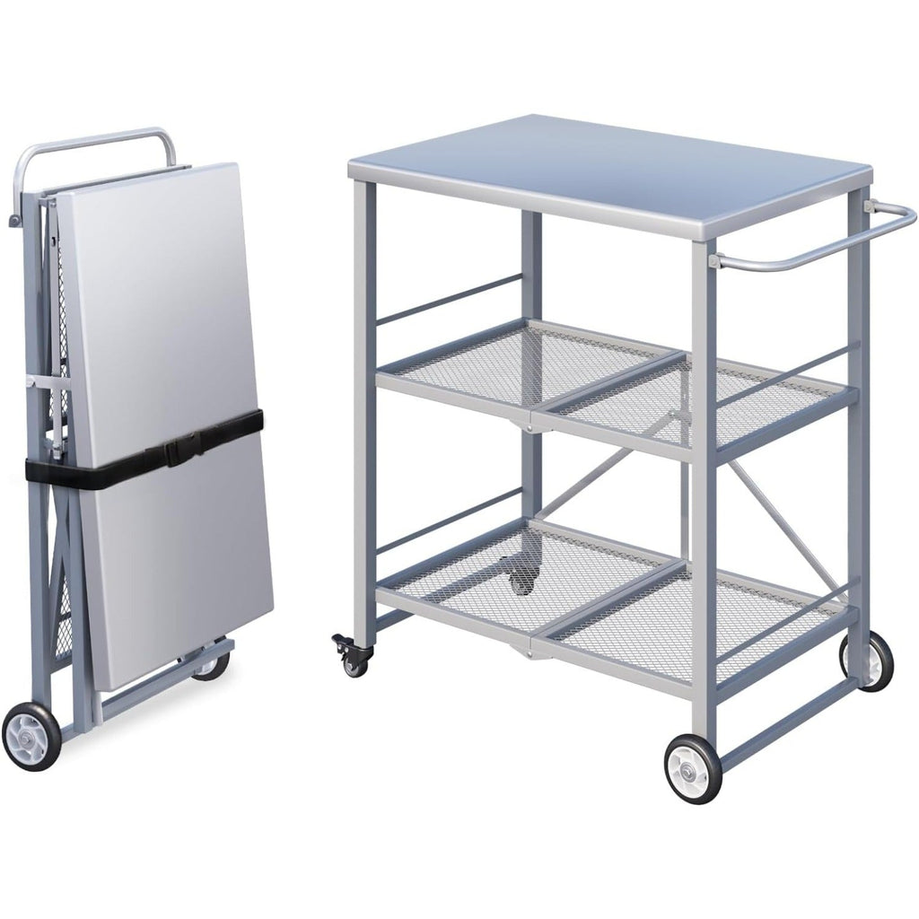 YODOLLA Foldable Stainless Steel Grill Cart Table with Wheels, Gray