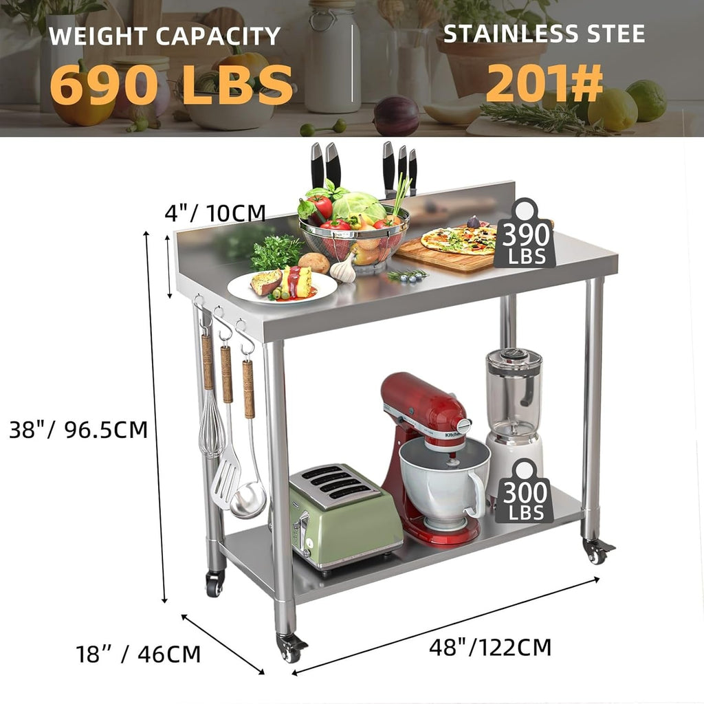 YODOLLA Stainless Steel Table with Backsplash 48"x18" Prep Tables for Commercial Kitchenbest