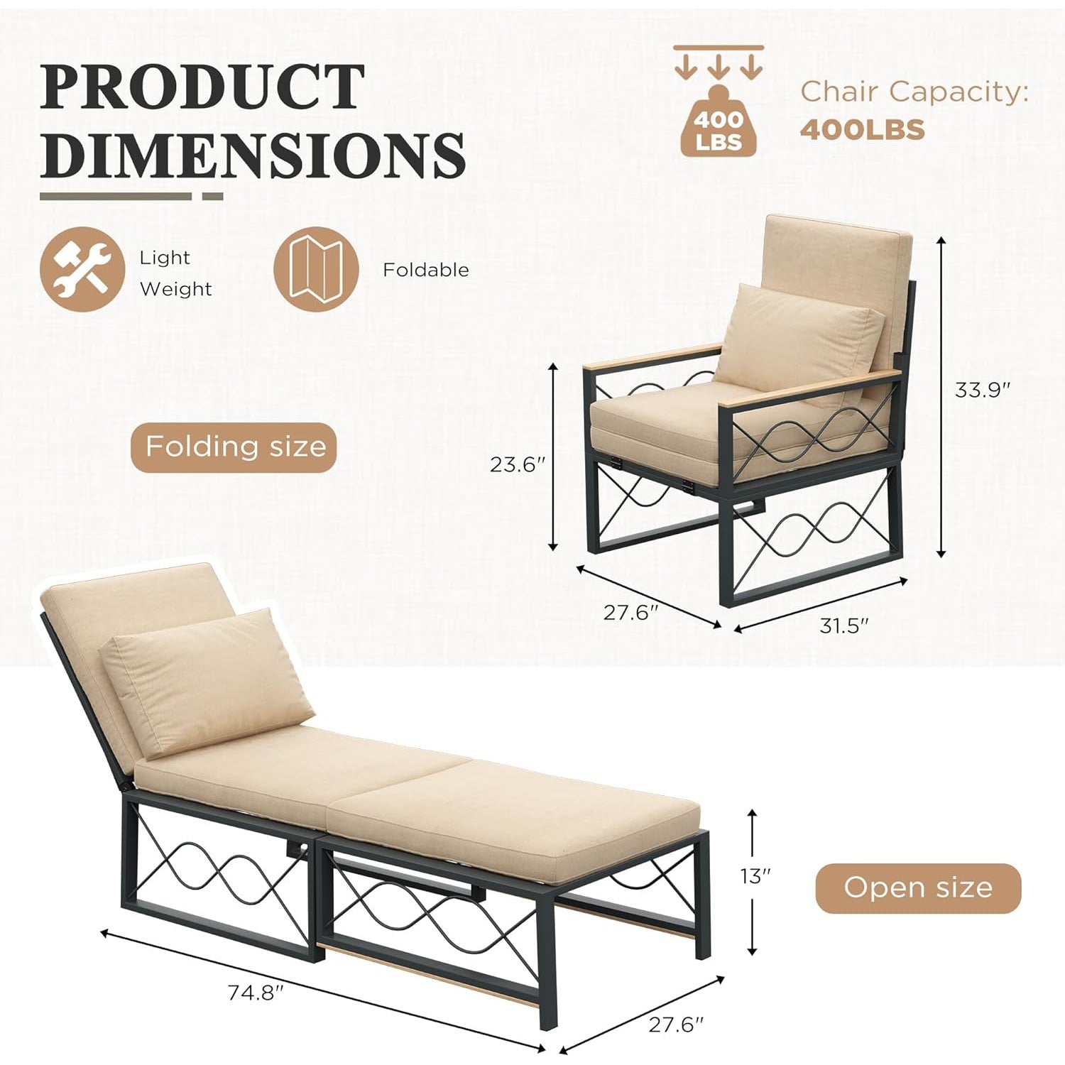 YODOLLA Outdoor Metal Chaise Lounge Adjustable Chair Set of 2 with 1 Side Table
