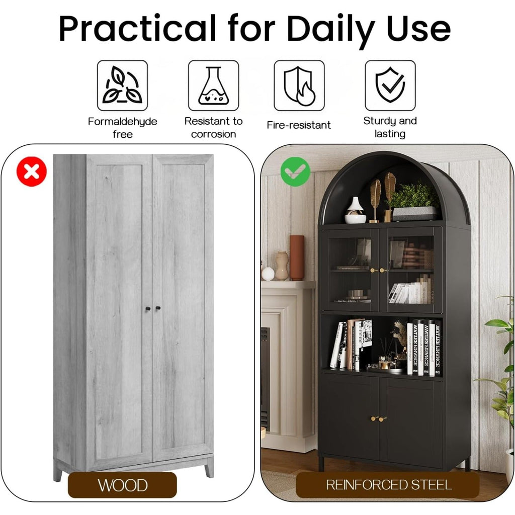 YODOLLA 73" Kitchen Pantry, Metal Arched Cabinet with Glass Door & Adjustable Shelvesbest