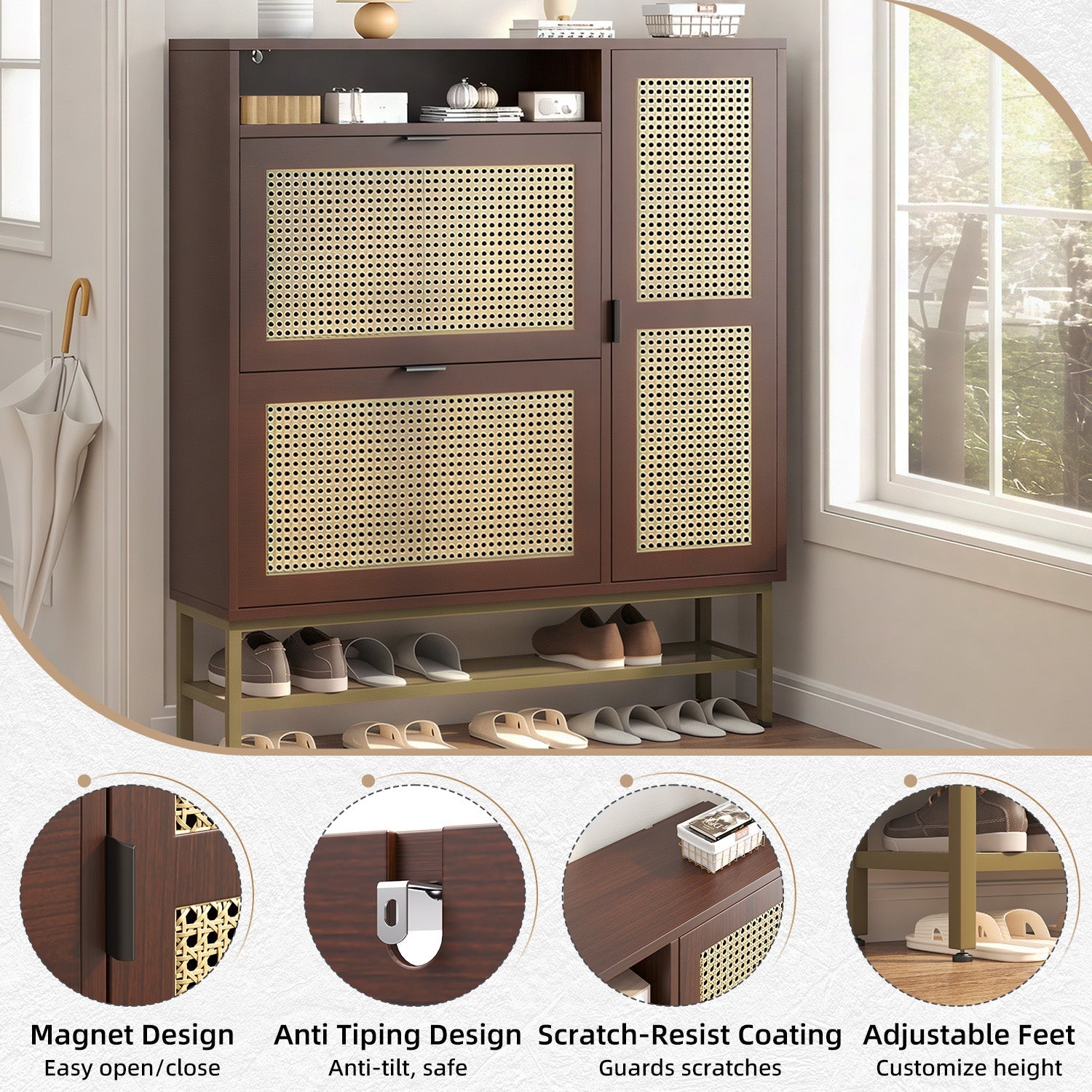 YODOLLA Rattan Shoe Cabinet with 3 Flip Drawers, Brownbest