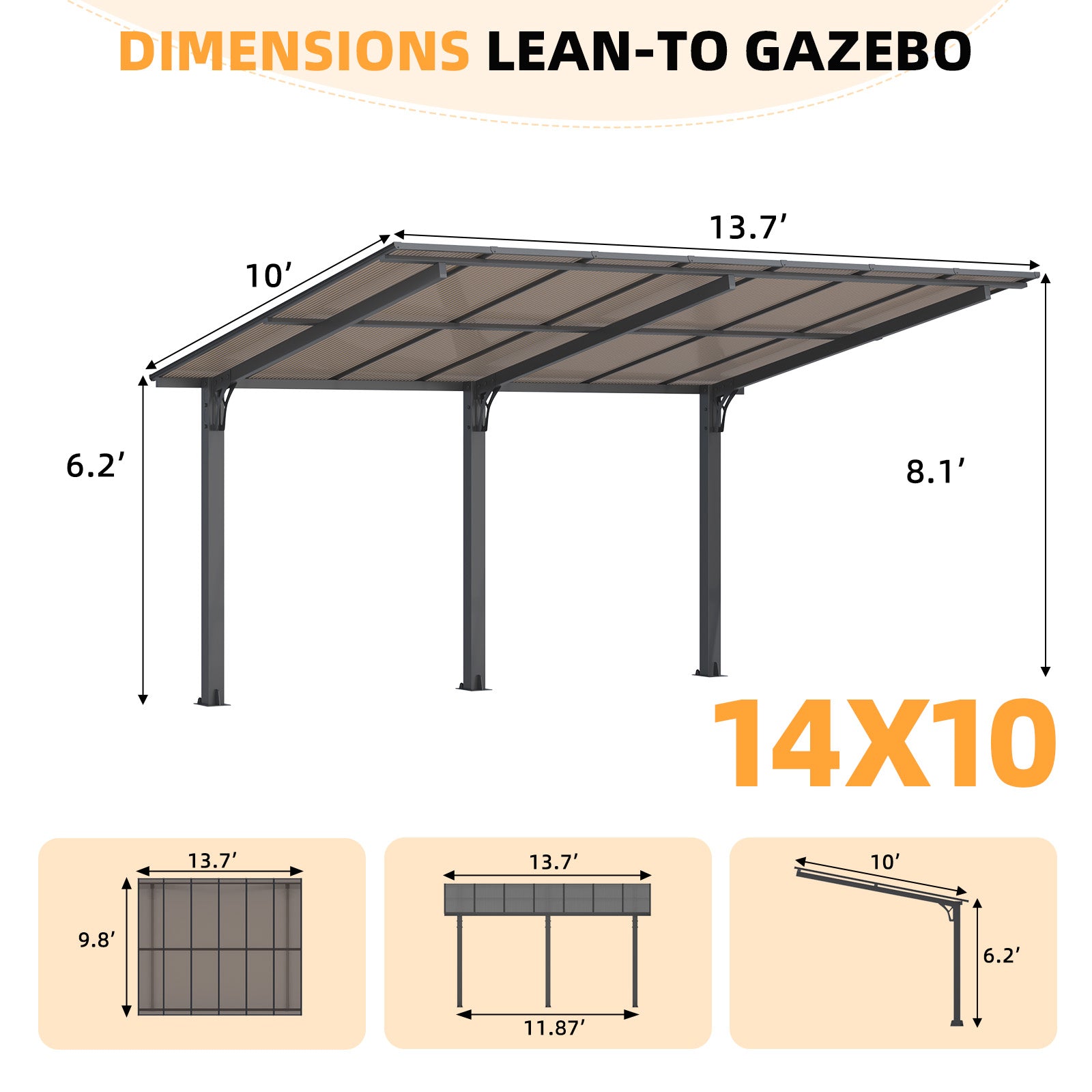 YODOLLA 14' x 10' Gazebo for Patio, Hard Top Lean to Gazebo Pergola Carport, Freestanding Shelter Pergolas and Gazebos Clearance with Patio Roof